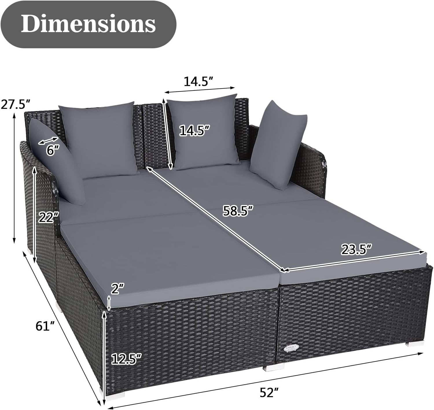 Outdoor Rattan Daybed, Wicker Furniture with Spacious Seat, Upholstered Cushion