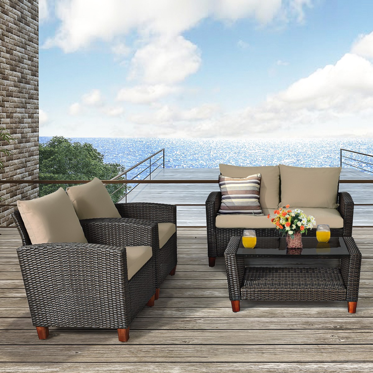 4 PCS Patio Rattan Furniture Set Solid Wood Leg Cushioned Sofa Set Steel Frame