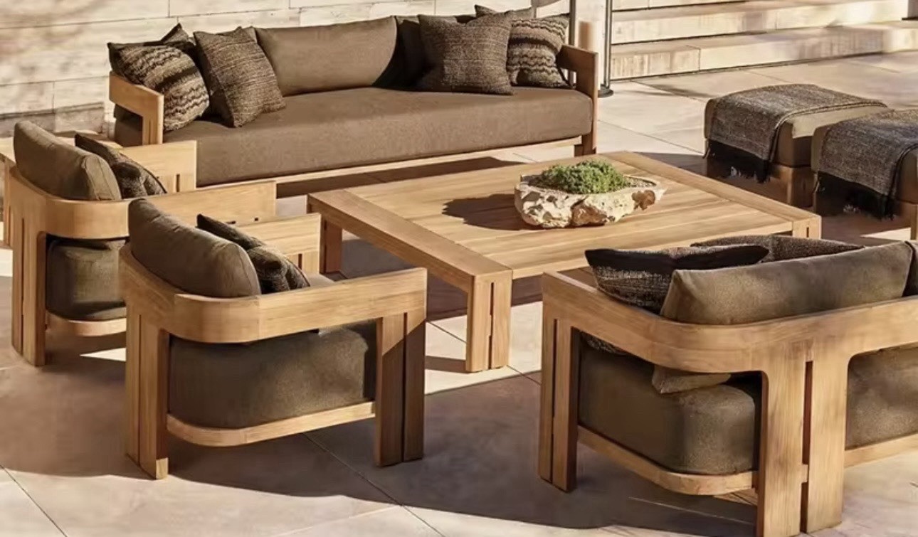 Modern Wood Outdoor Sofa w/Cushions