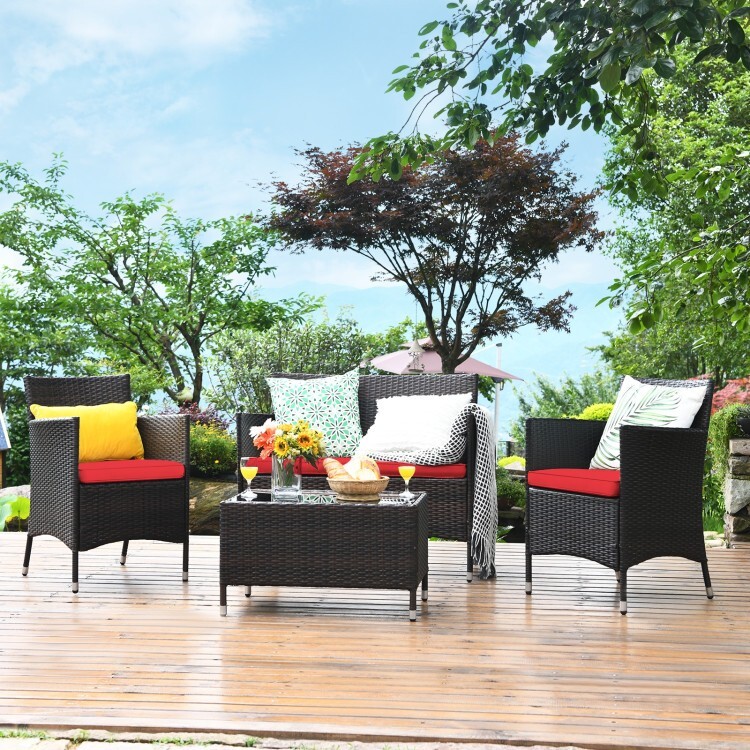 Patio Wicker Furniture Outdoor 4Pcs Rattan Sofa Garden Conversation Set Black