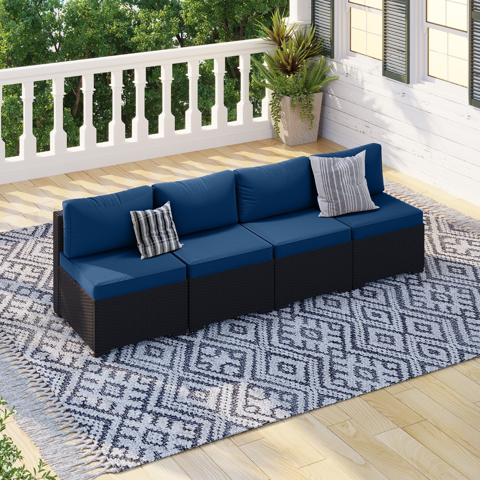 4-Piece Black Rattan Sofa Set with Navy Blue Cushions