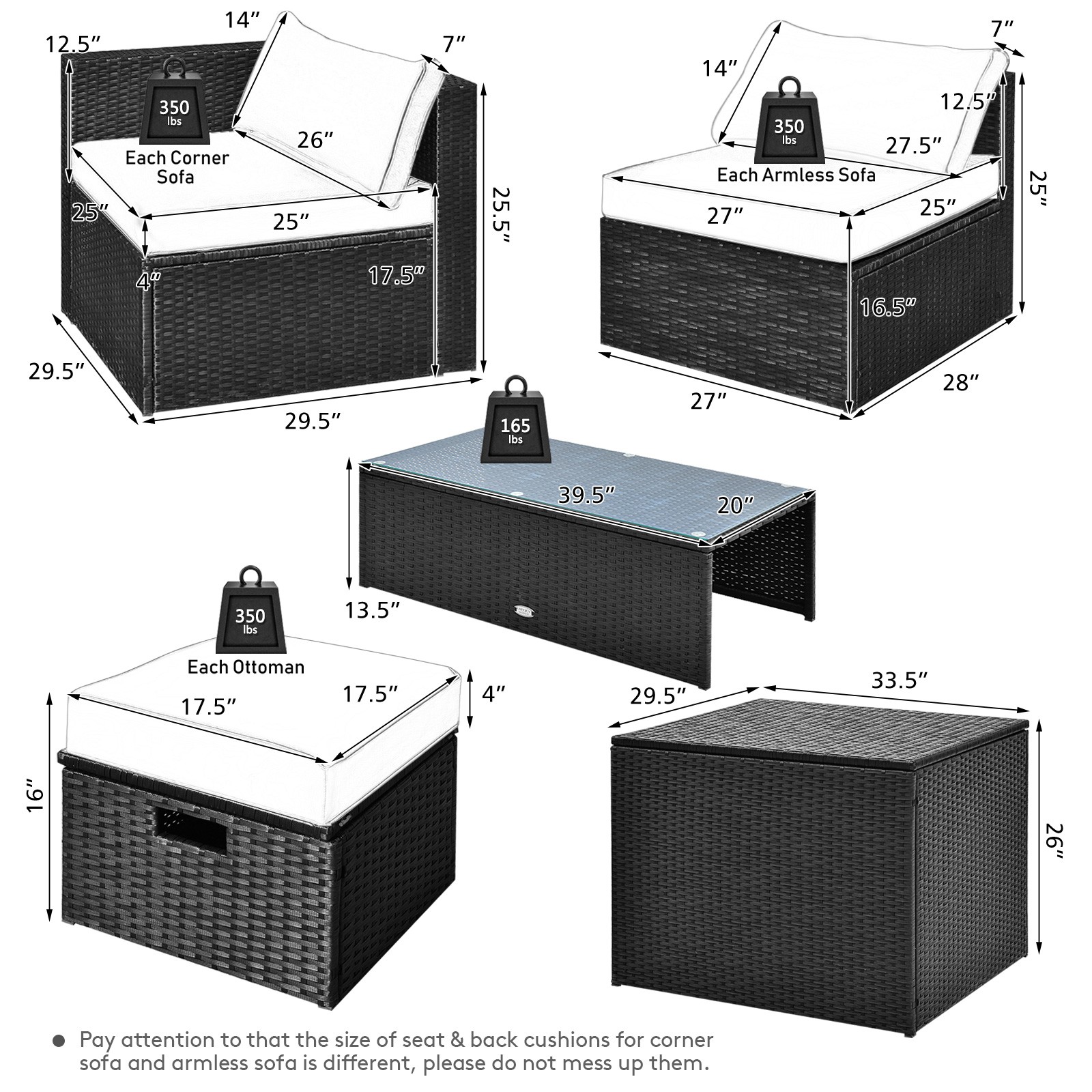 Patiojoy Outdoor 8PCS Rattan Furniture Set Storage Table Ottoman Turquoise