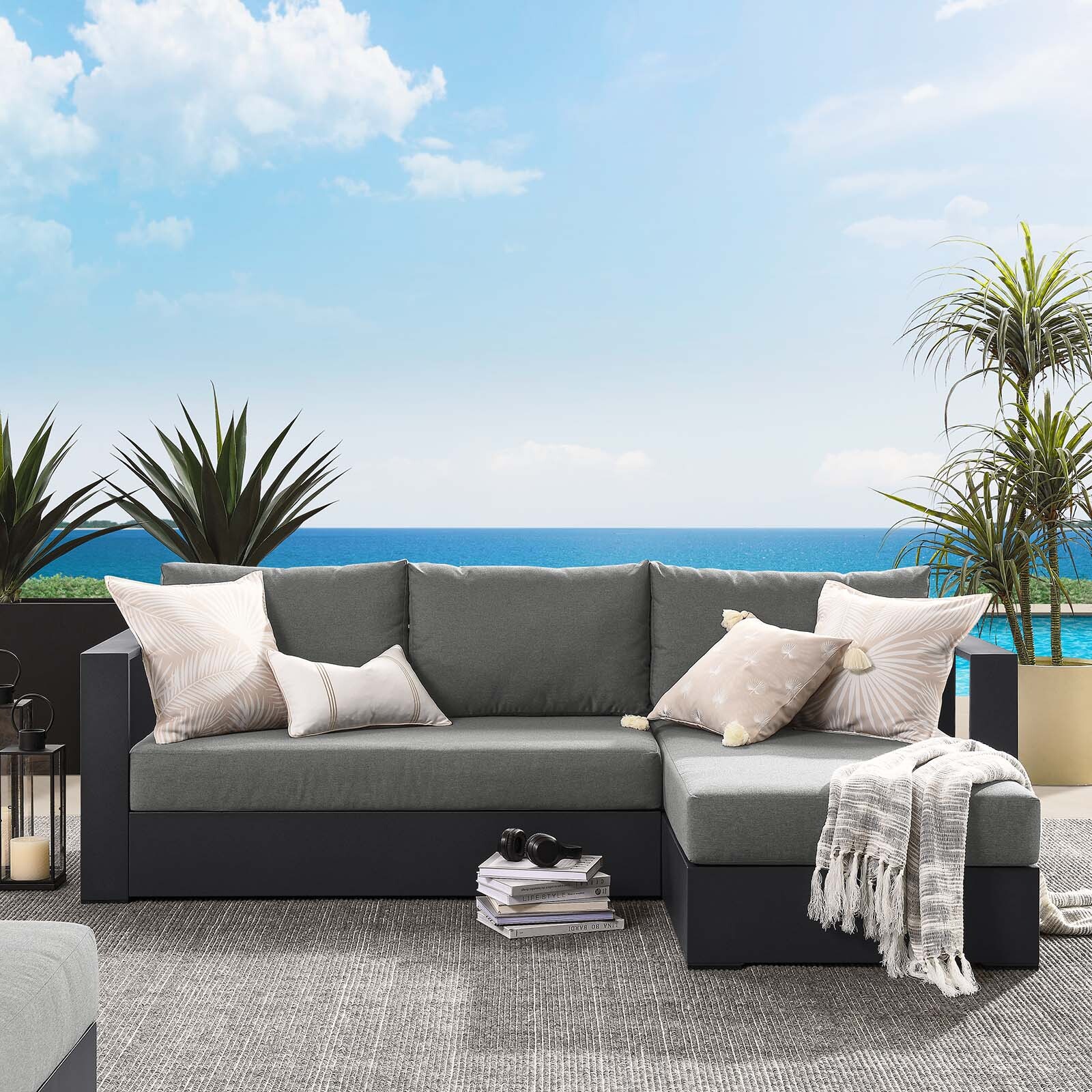Modway Powder-Coated Aluminum 2-Piece Right-Facing Chaise Sectional Sofa Set