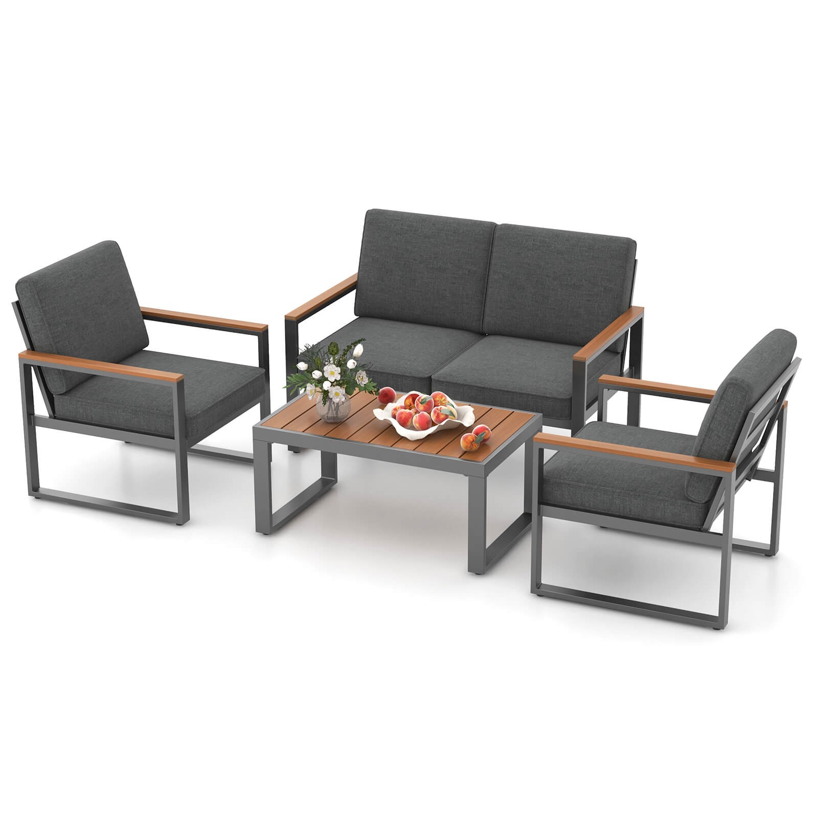 4 PCS Patio Aluminum Furniture Set Wood-Plastic Armrests & Tabletop for Balcony