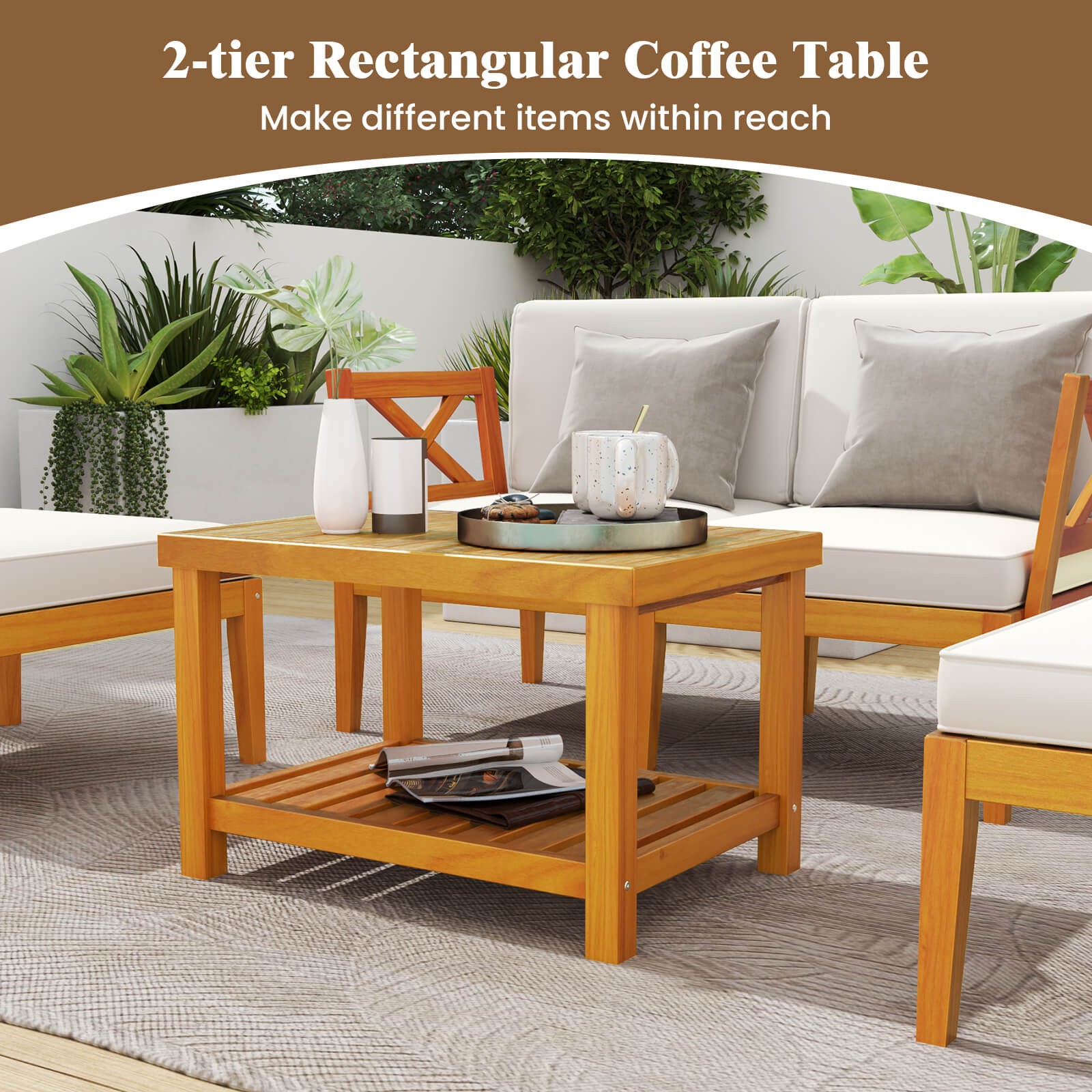 5 PCS Acacia Wood Patio Chaise Lounge Chair Set w/ 2-Tier Coffee Table Cushions
