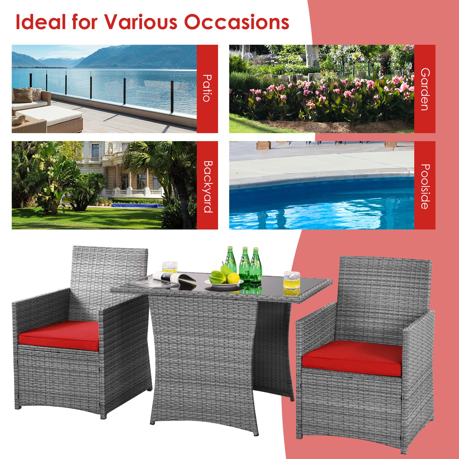 3PCS Outdoor Rattan Conversation Set Patio Dining Table Set w/ Red Cushions