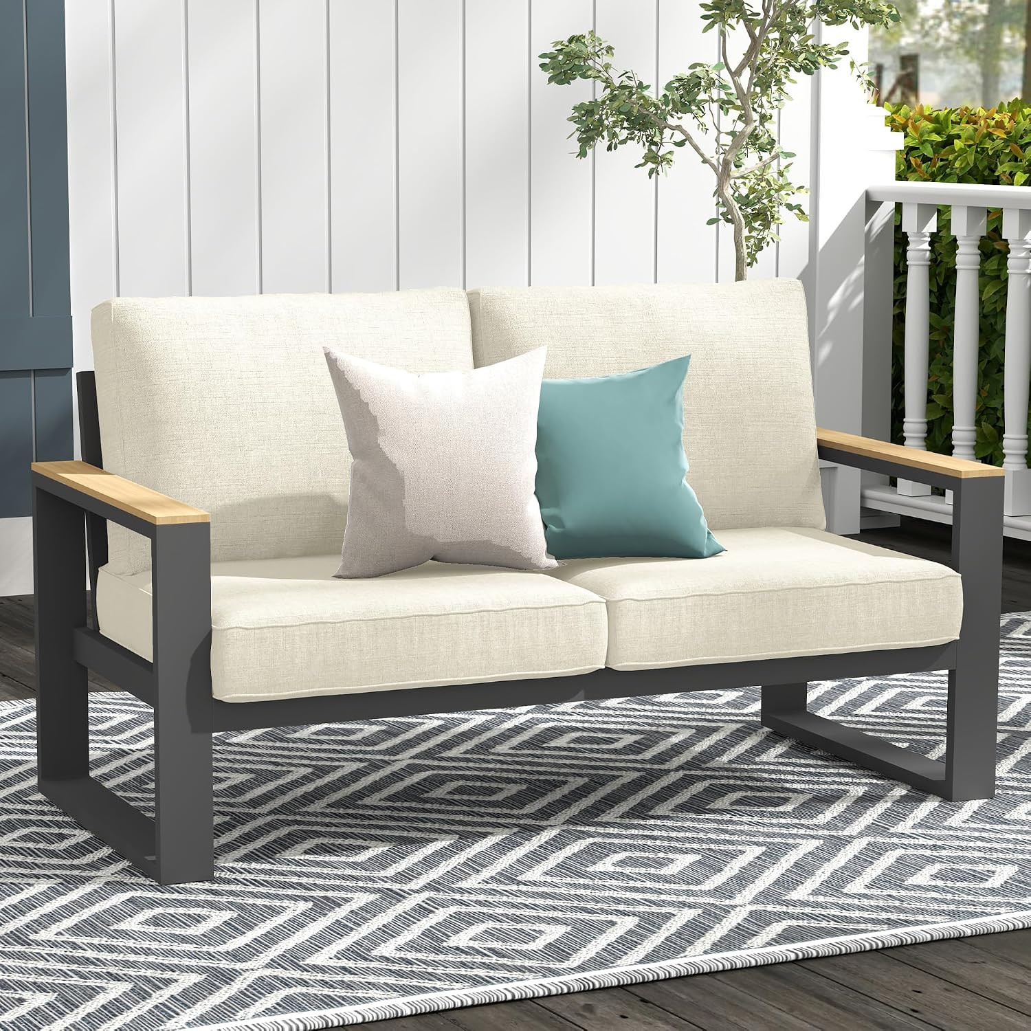 Aluminum Outdoor Loveseat, All-Weather Metal Patio Loveseat with Height-Adjustab