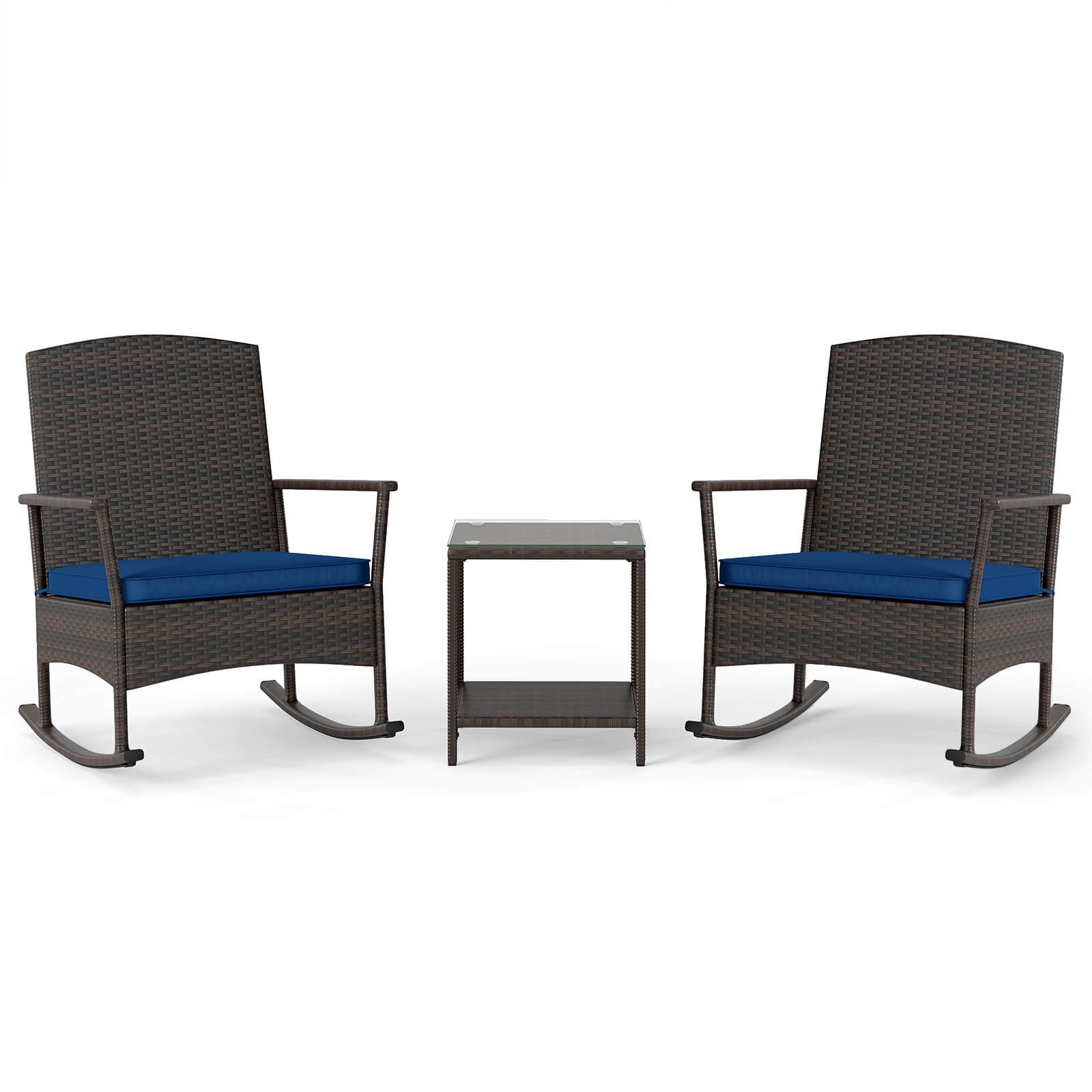 3 Piece Patio Rocking Bistro Set, 2 Rattan Armchairs w/ 2-Tier Side Table