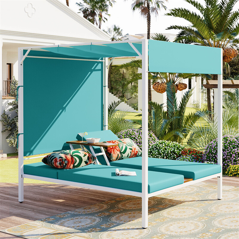 Daybed Outdoor Patio Lounge Bed Sunbed with Adjustable Roof Adjustable Seats