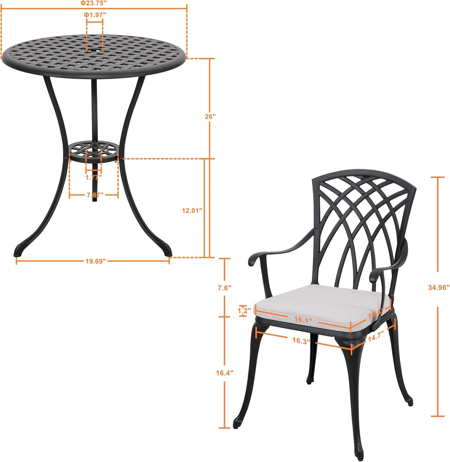 Black NUU GARDEN 3PC Cast Aluminum Bistro Set Gray Cushions Umbrella Hole
