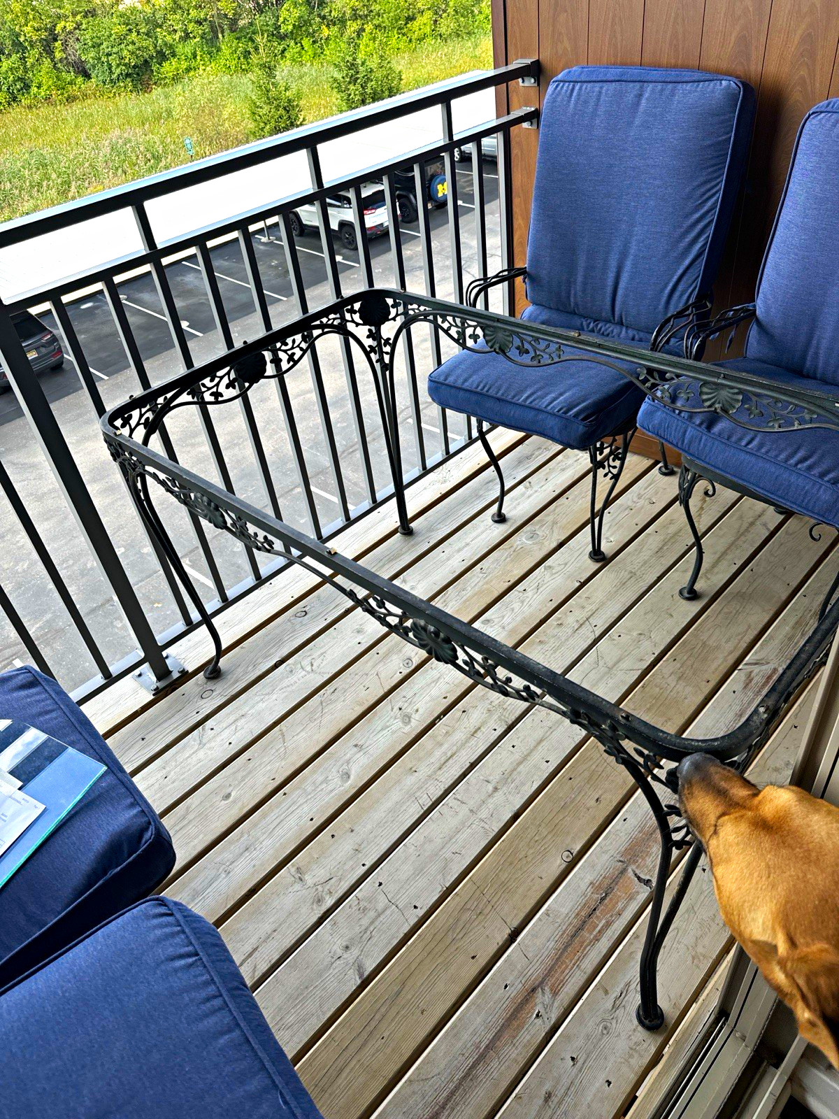 5-Piece Black Metal Patio Dining Set, Glass-Top Table, 4 Chairs, Blue Cushions