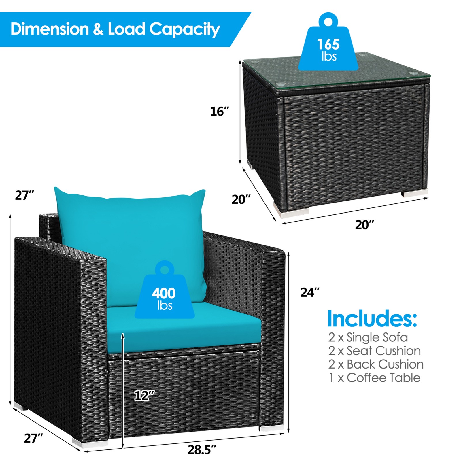 3PCS Rattan Patio Conversation Furniture Set Outdoor w/ Turquoise Cushions