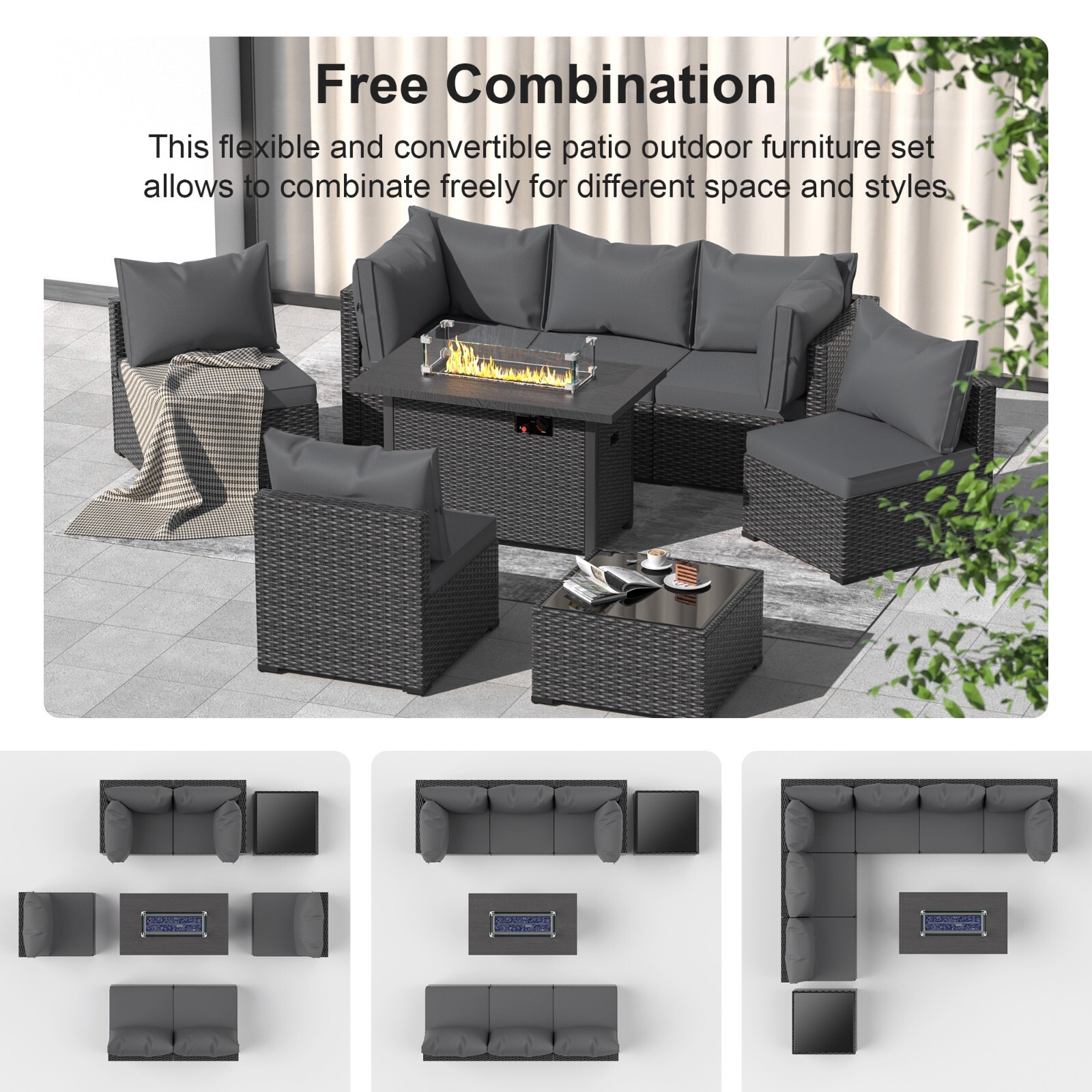 Gray Outdoor 8 Pieces Patio Furniture Set with Propane Fire Pit Table And Sofa