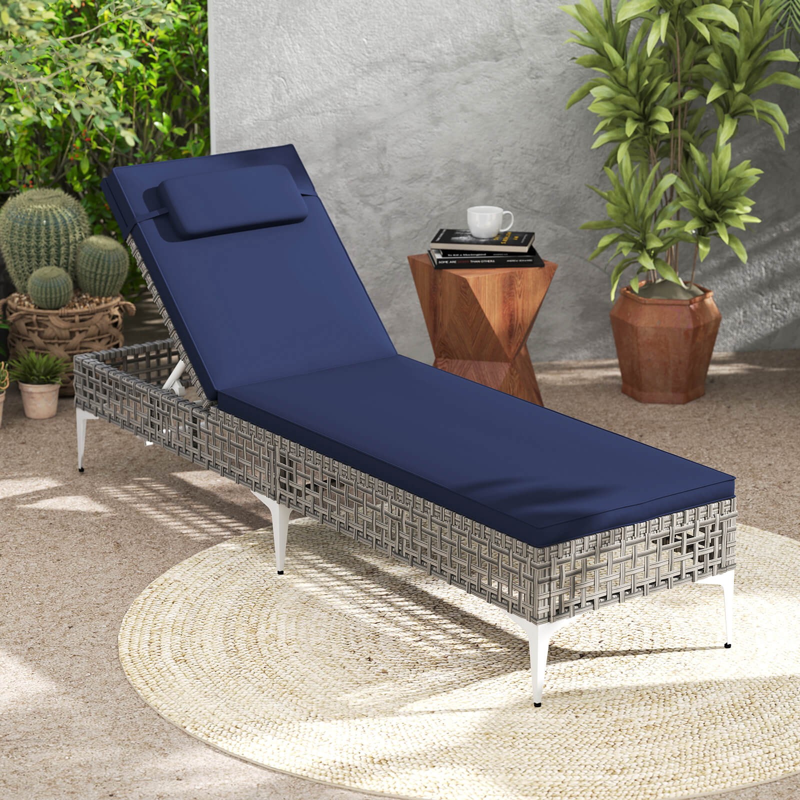2PCS Patio Chaise Lounge Chair w/6-Level Adjustable Backrest Removable Cushion
