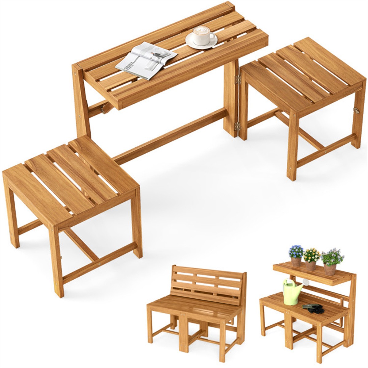 3-in-1 Acacia Wood Outdoor Dining Table Bench Set, with 2 Built-in Chairs