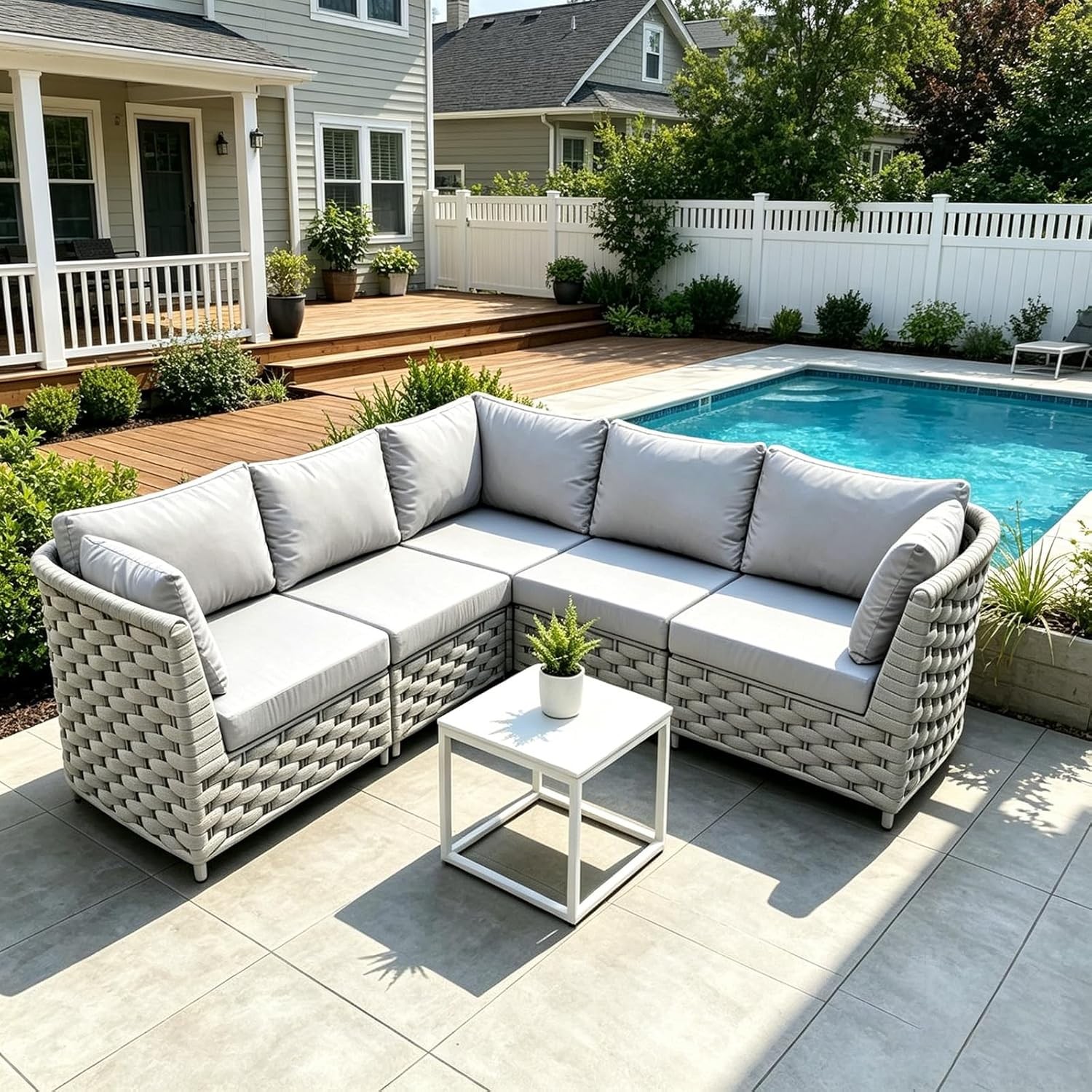 TWT 5 Piece 5 Seater Modular Outdoor Sectional Woven Rope Sofa Set Water