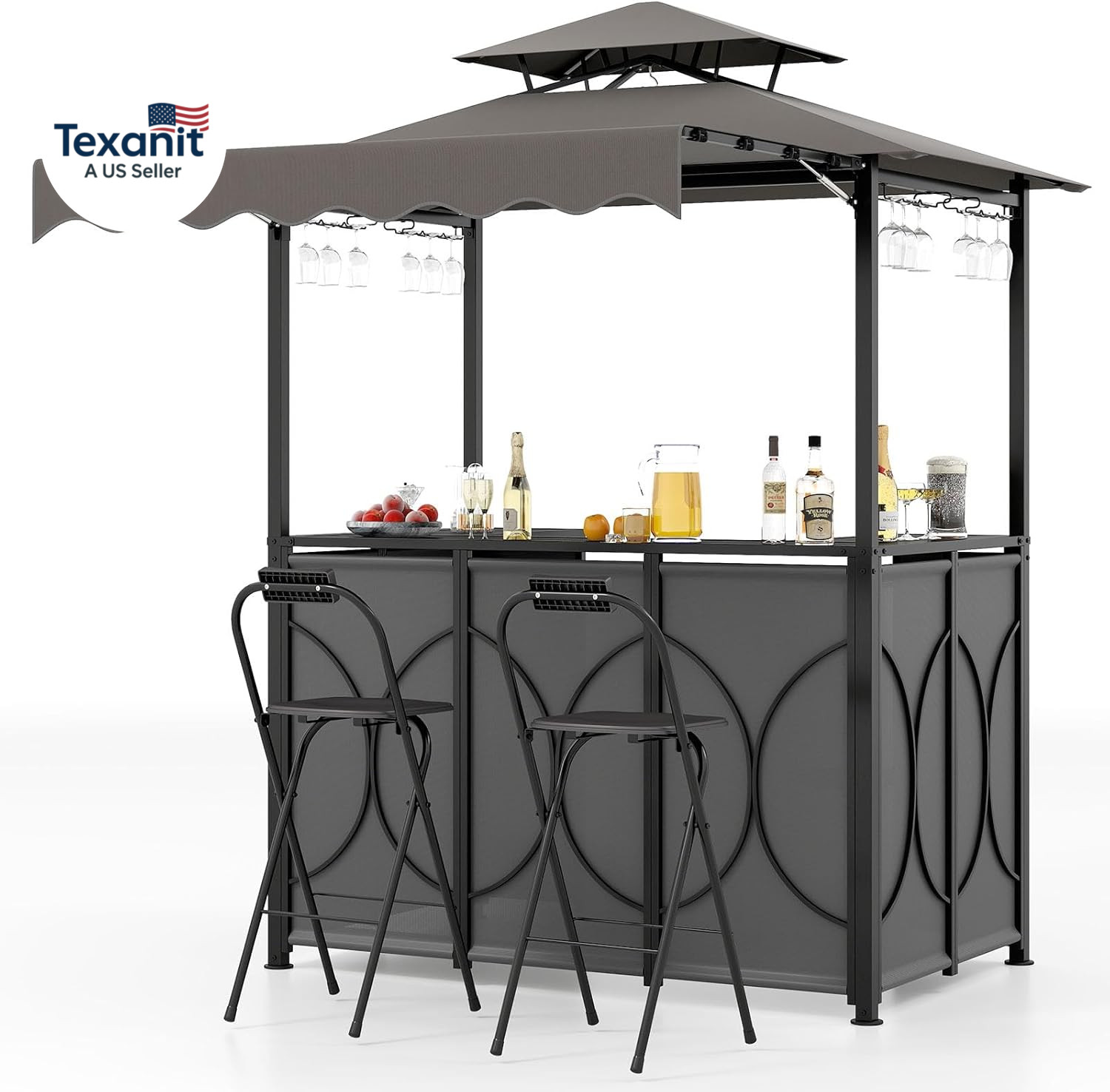 3 Piece Patio Bar Set, Grill Gazebo & 2 Foldable Bar Stools with Awning, Metal S