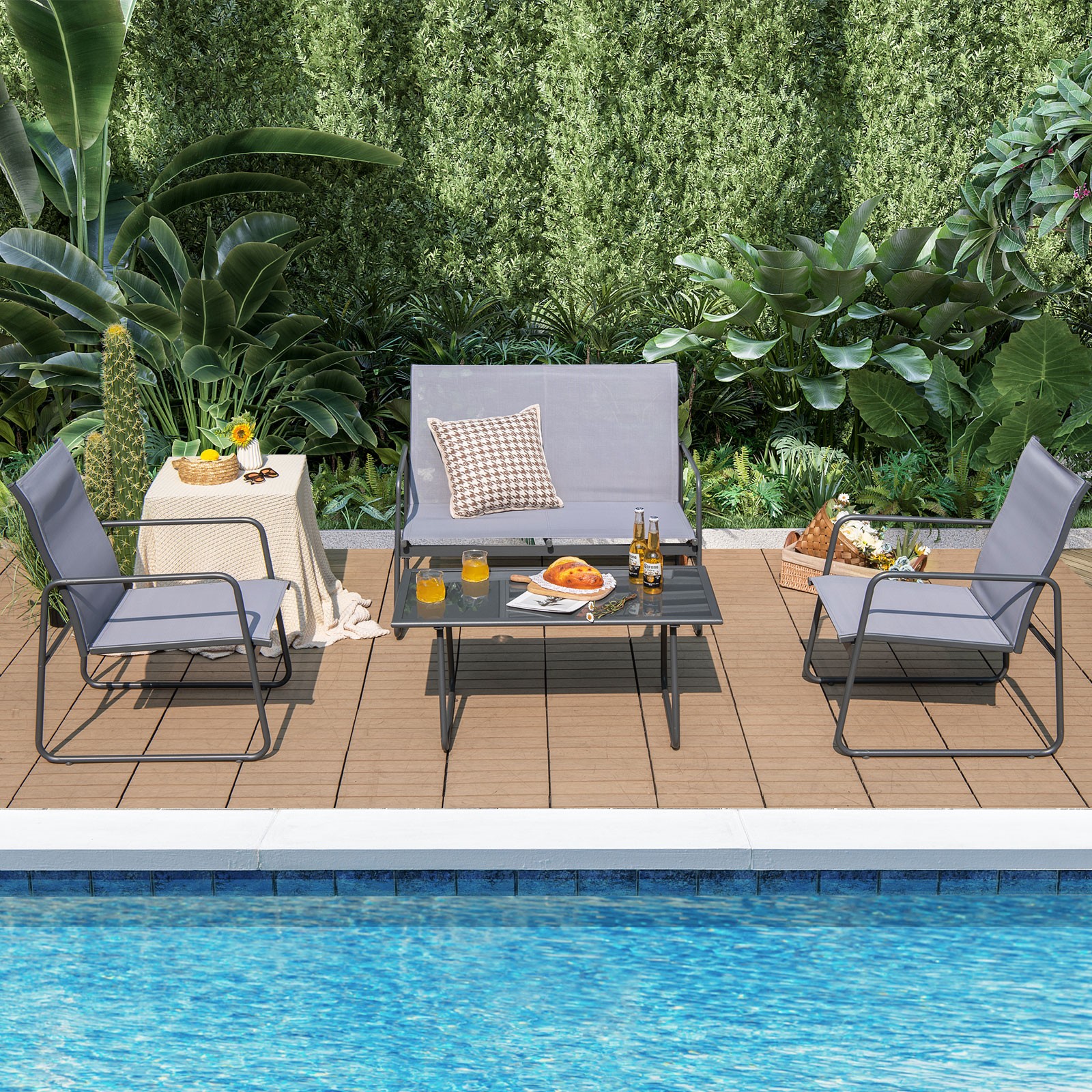 4-Piece Patio Furniture Set Chat Set w/ Loveseat & 2 Chairs & Conversation Table
