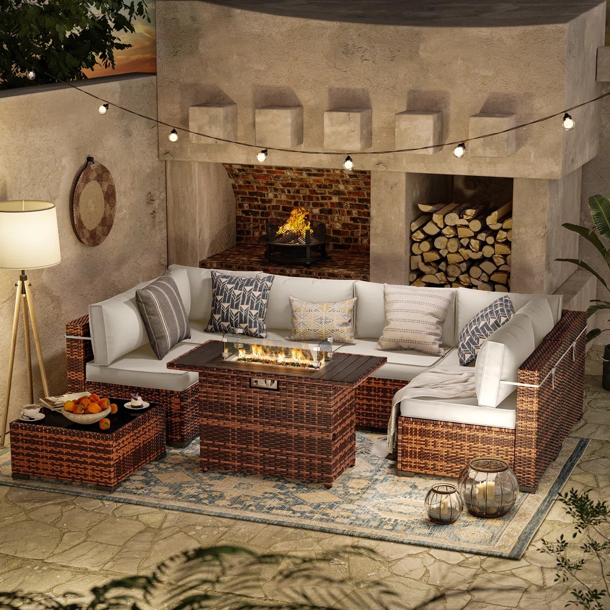 8 Piece Patio Furniture Set with Propane Gas Fire Pit Table (wicker)