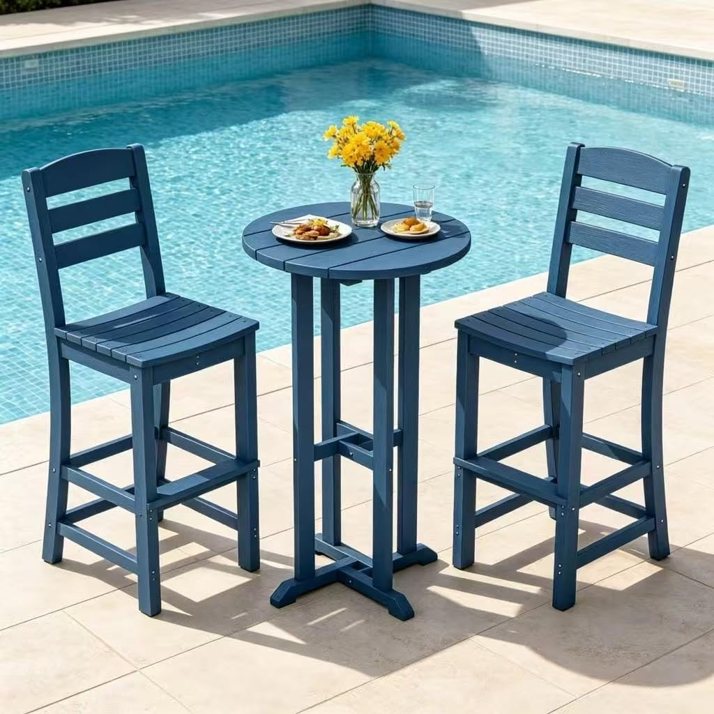JY QAQA 3-Piece Adirondack Bar Height Patio Set, 2 All-Weather HDPE Chairs and 1