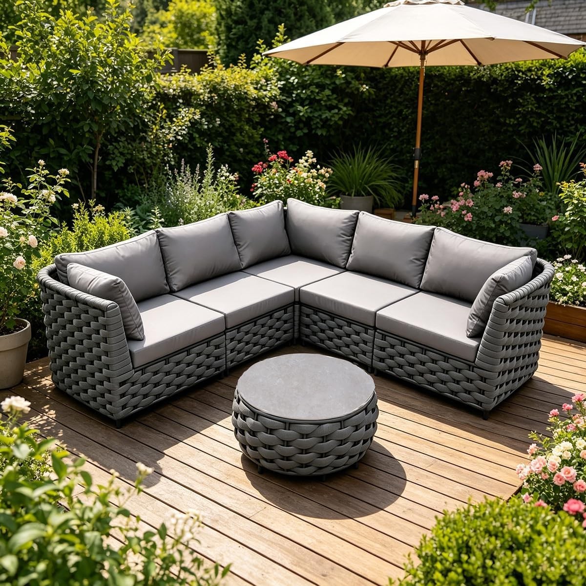 TWT 6-Piece Modular Outdoor Sectional Sofa 5-Seater Woven Rope Patio Set
