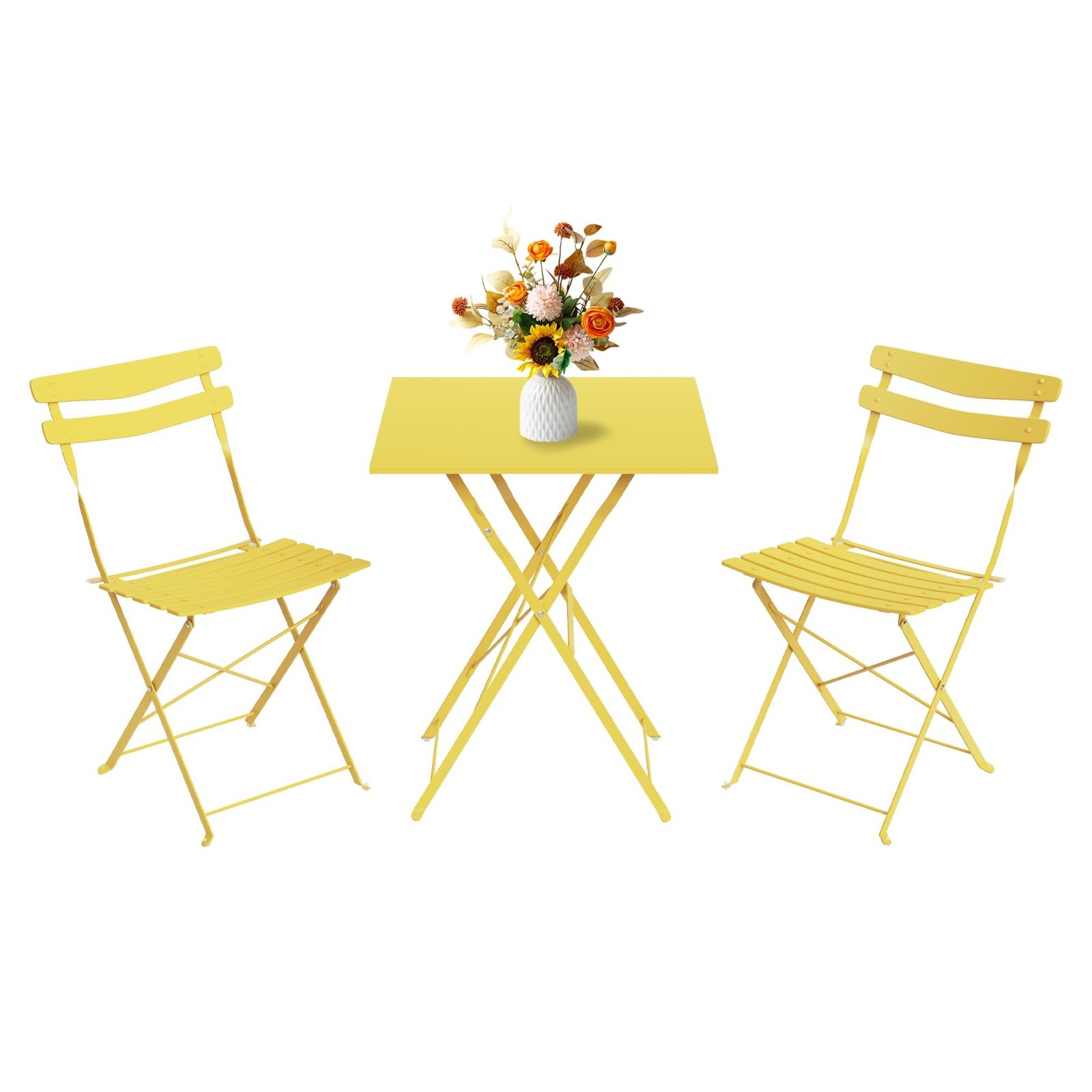 3 Piece Foldable Patio Bistro Set, Outdoor/Indoor Metal Table and Chairs
