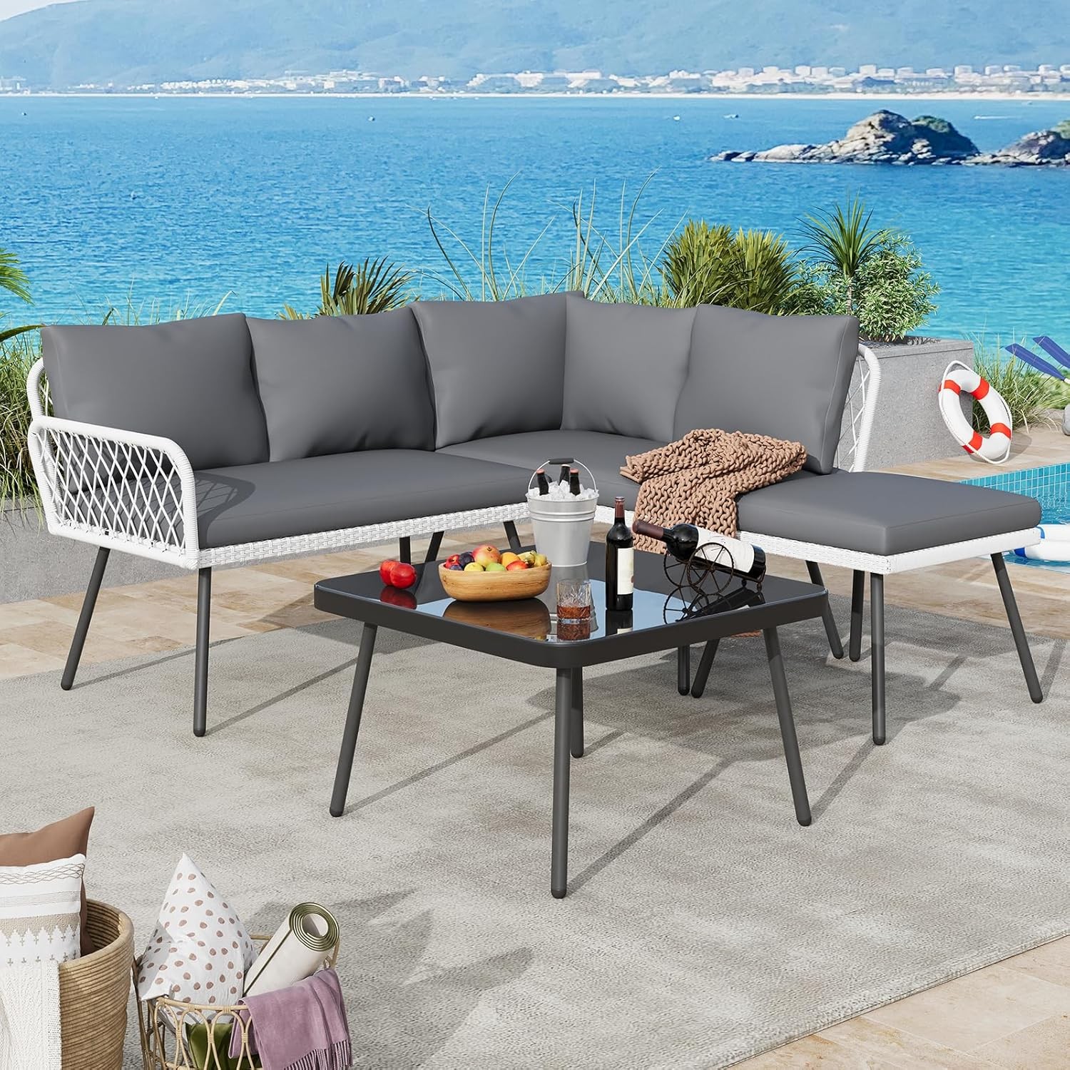 L-shaped Wicker Outdoor Furniture Set 4-Piece Patio Sectional Sofa with Table