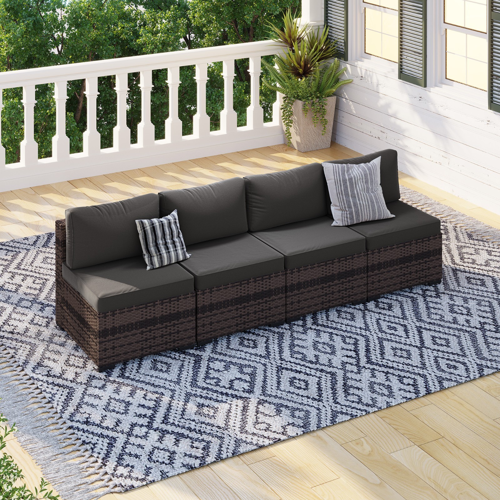 4-Piece Brown Rattan Sofa Set with Drak Gray Cushions