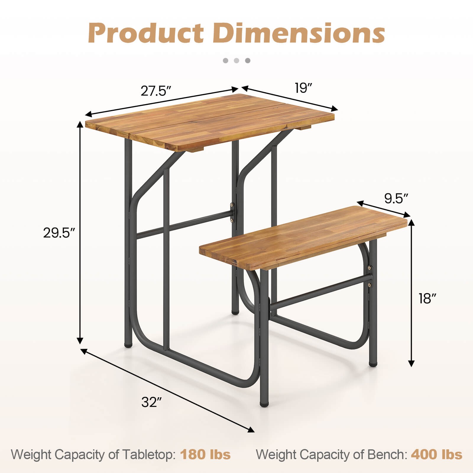 2PCS Patio Table Bench Set Picnic Table & Seat w/ Acacia Wood Top Metal Legs