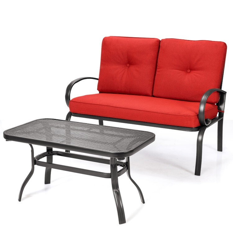 2Pcs Modern Patio Outdoor Loveseat Conversation Set Cushioned Coffee Table Seat