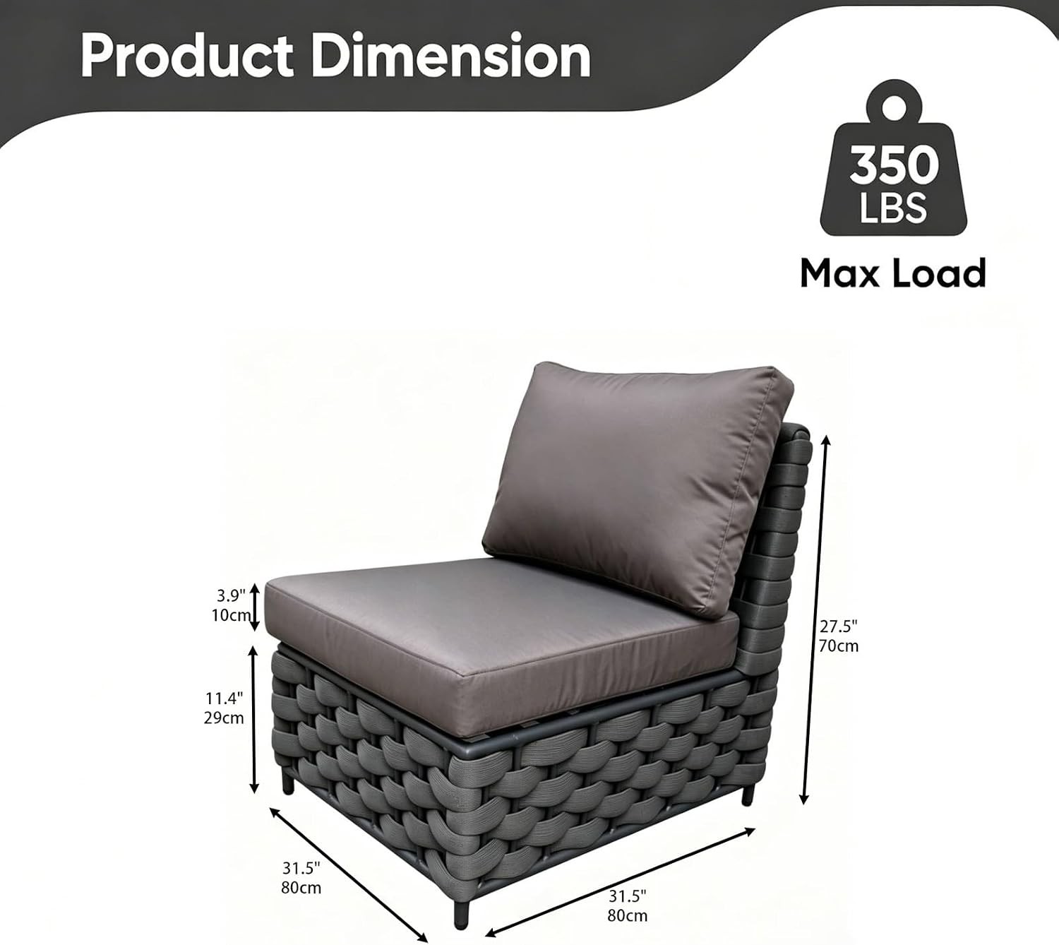TWT Dark Gray Modular Outdoor Sofa Set 2 Armless Woven Rope Patio Sectional