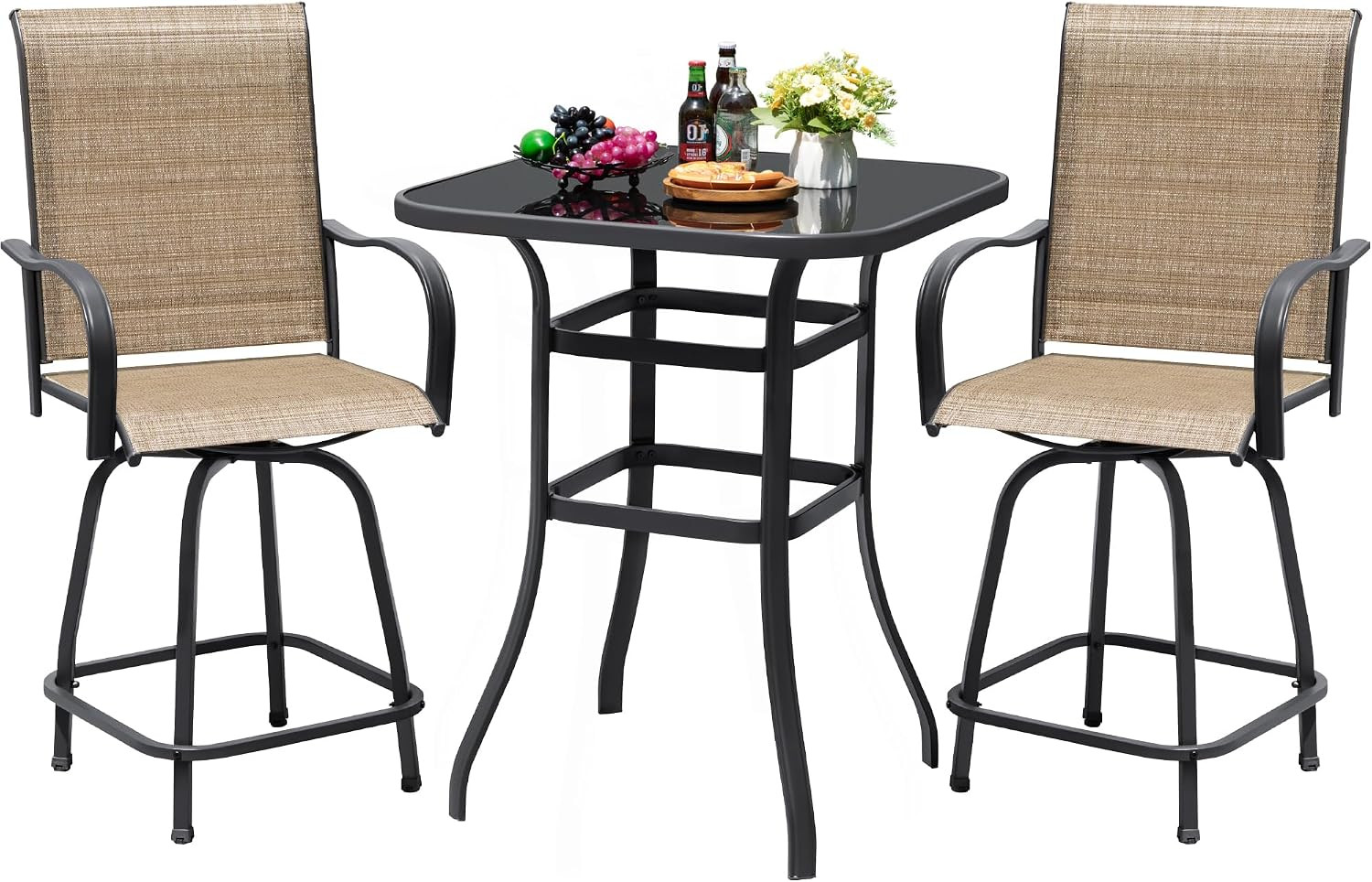 Patio Swivel Bar Set 3 Pieces Patio High Top Bar Table and Stools Chairs Set Tex