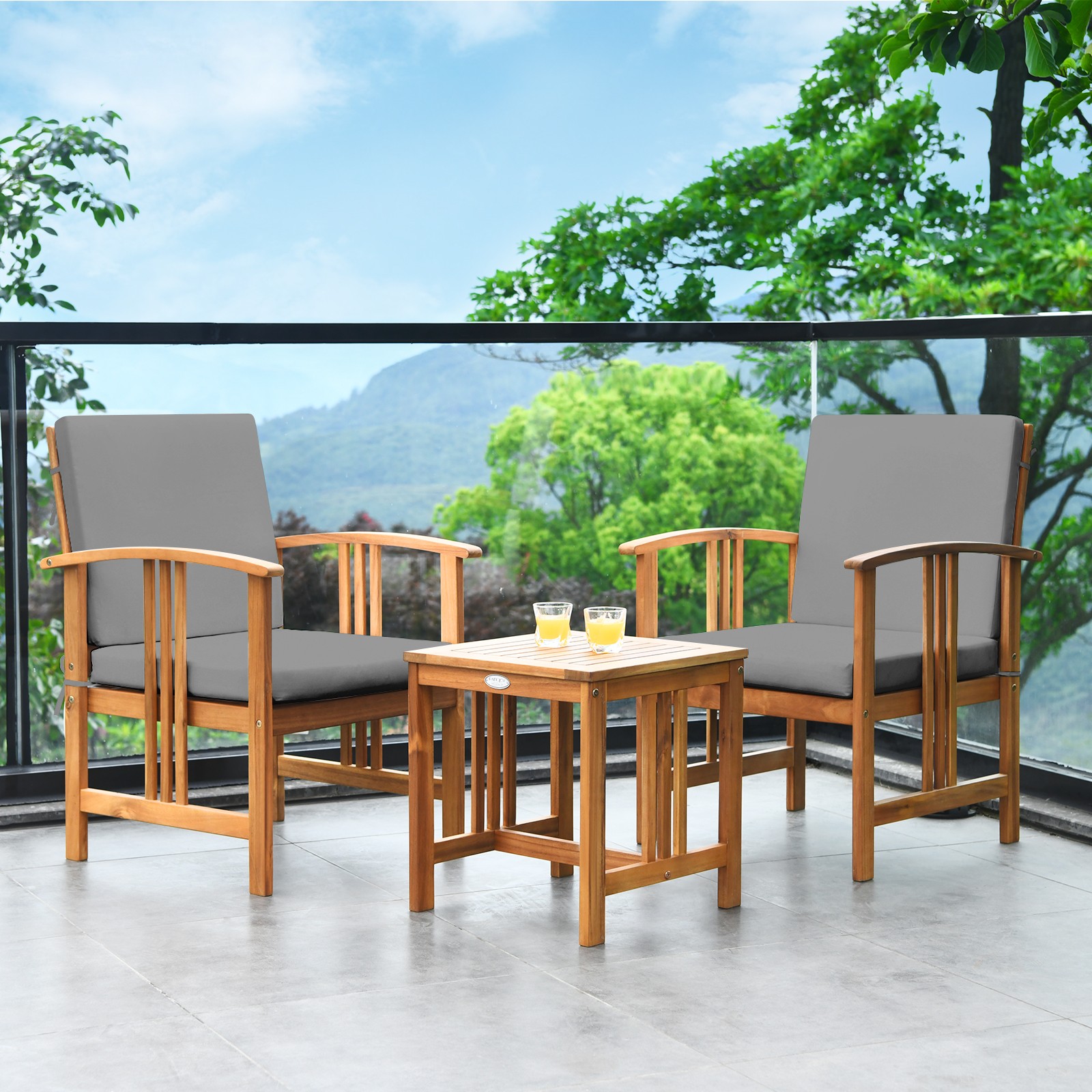 Outdoor 3PCS Sofa Furniture Set Patio Wooden Cushioned Conversation Set Gray