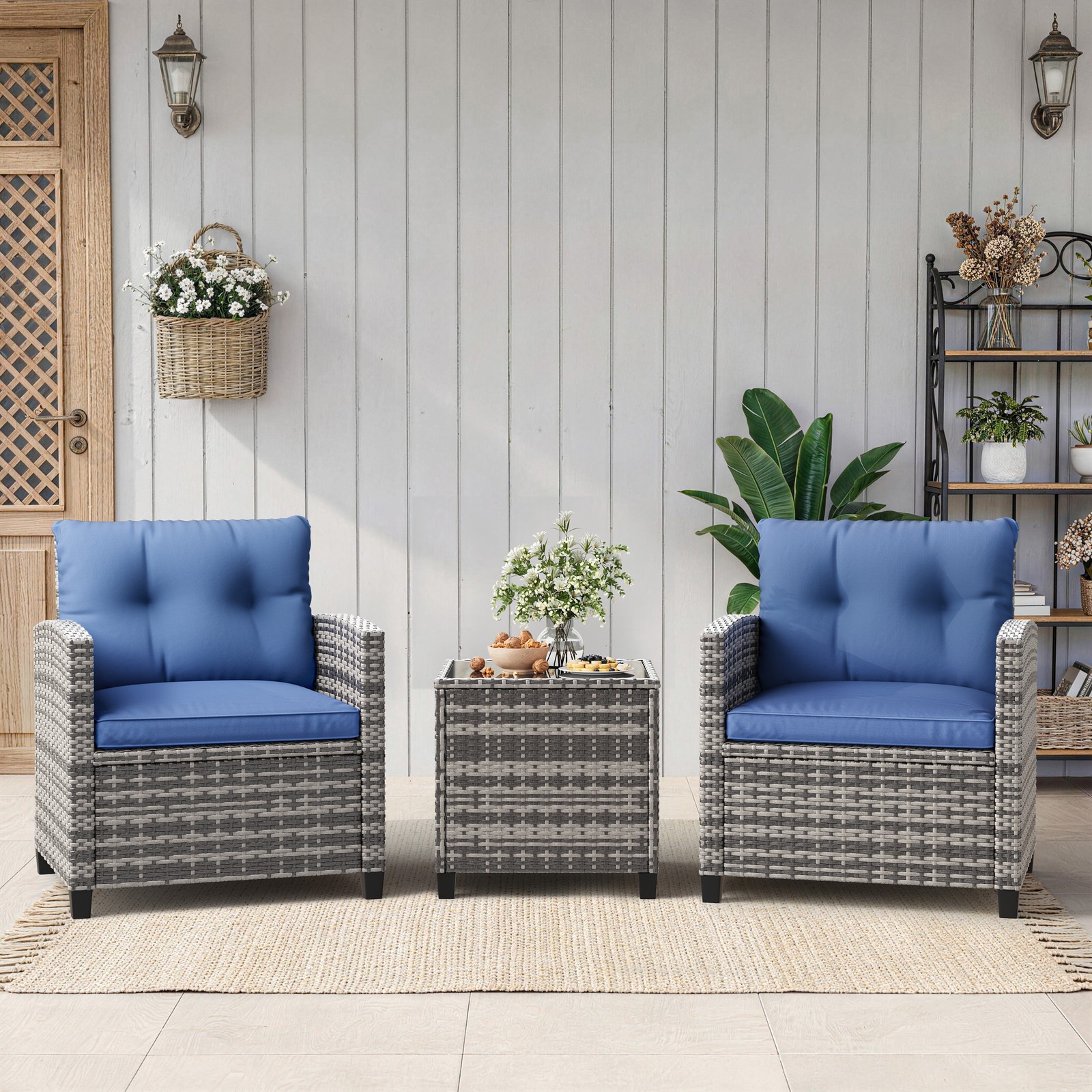 Outdoor 3 Piece Rattan Bistro Set,Patio Table & 2 Chairs with Removable Cushions
