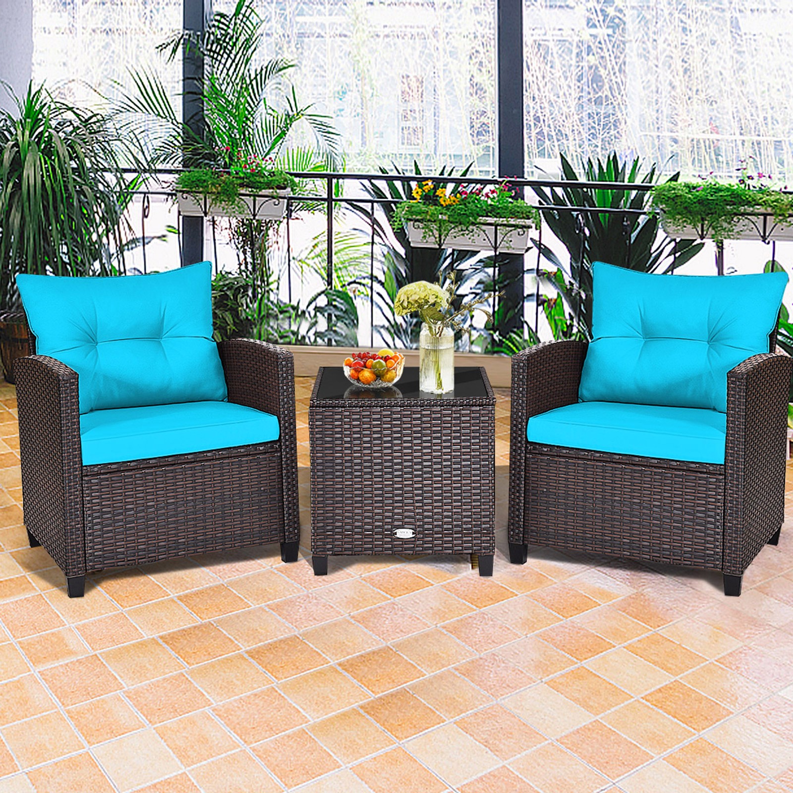 3PCS Outdoor Patio Rattan Conversation Set w/ Coffee Table Turquoise Cushion