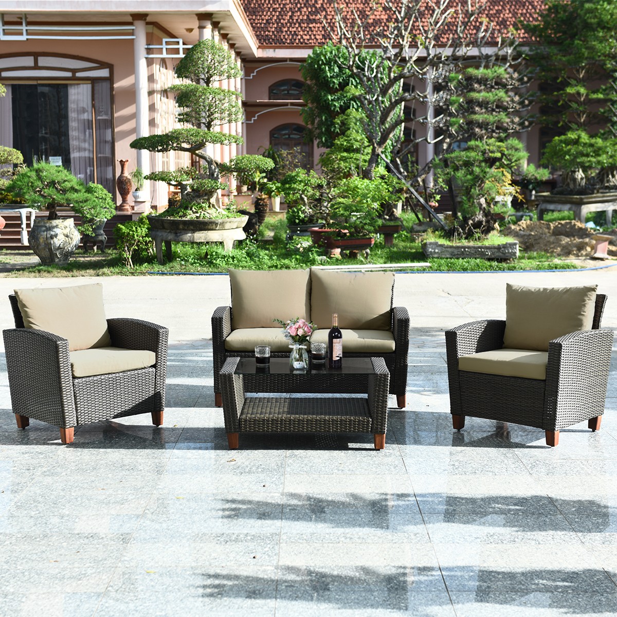 4 PCS Patio Rattan Furniture Set Solid Wood Leg Cushioned Sofa Set Steel Frame