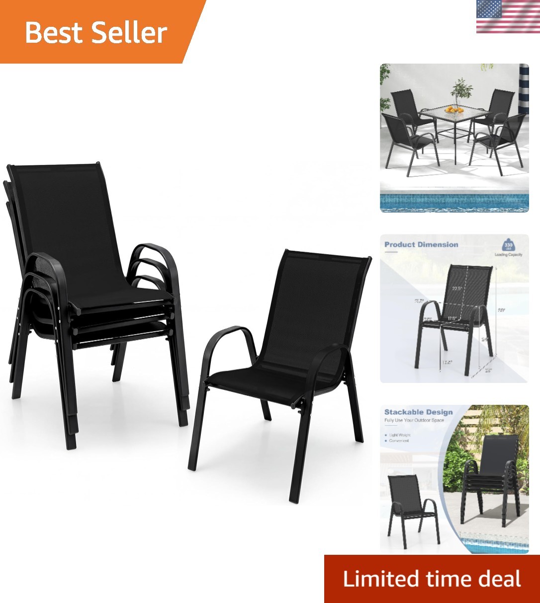 Comfortable and Lightweight Stackable Outdoor Dining Chairs – Set of 4 in Black