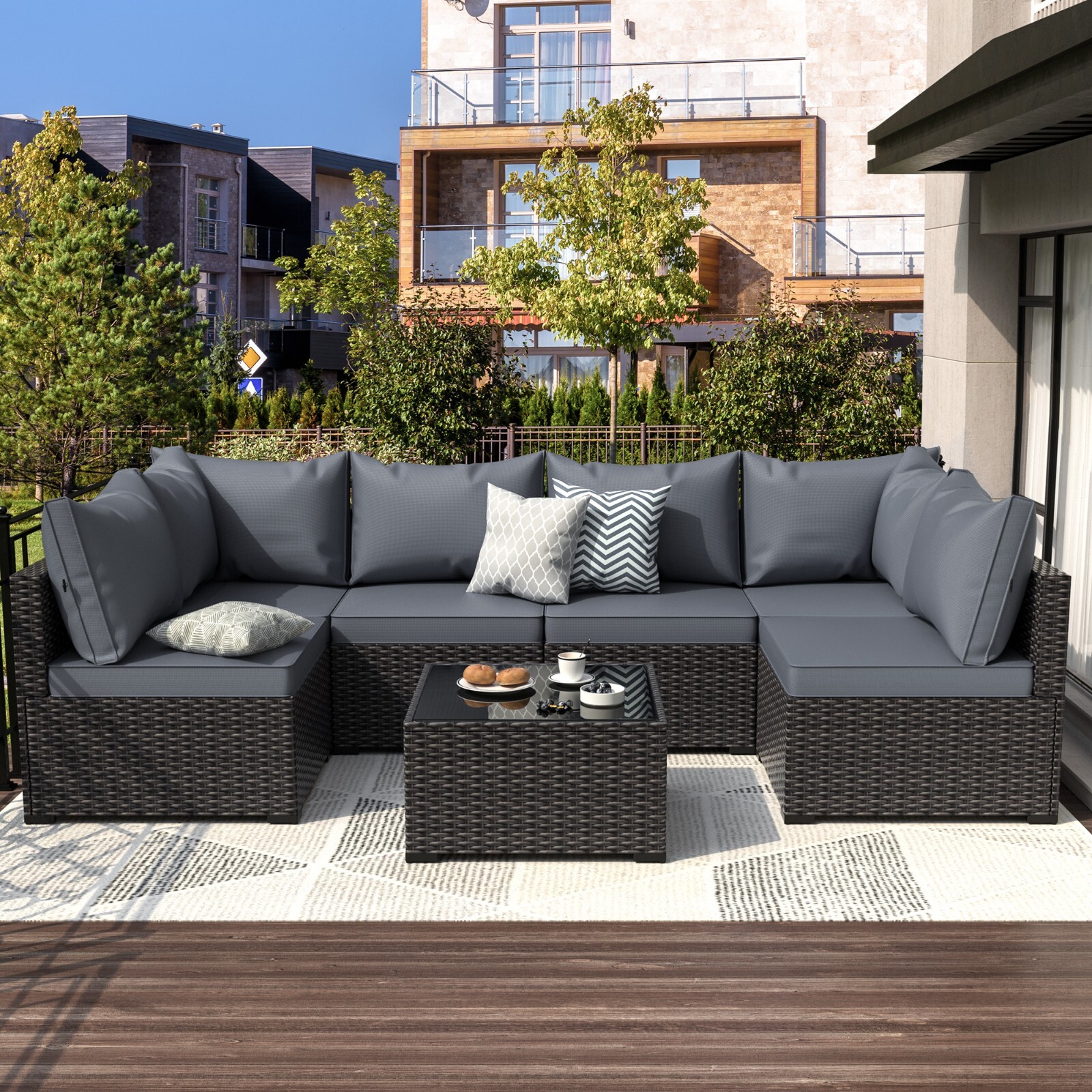 Patio Furniture Set 7 PCS Outdoor Couch with Glass Table Wicker Patio Sofa Set