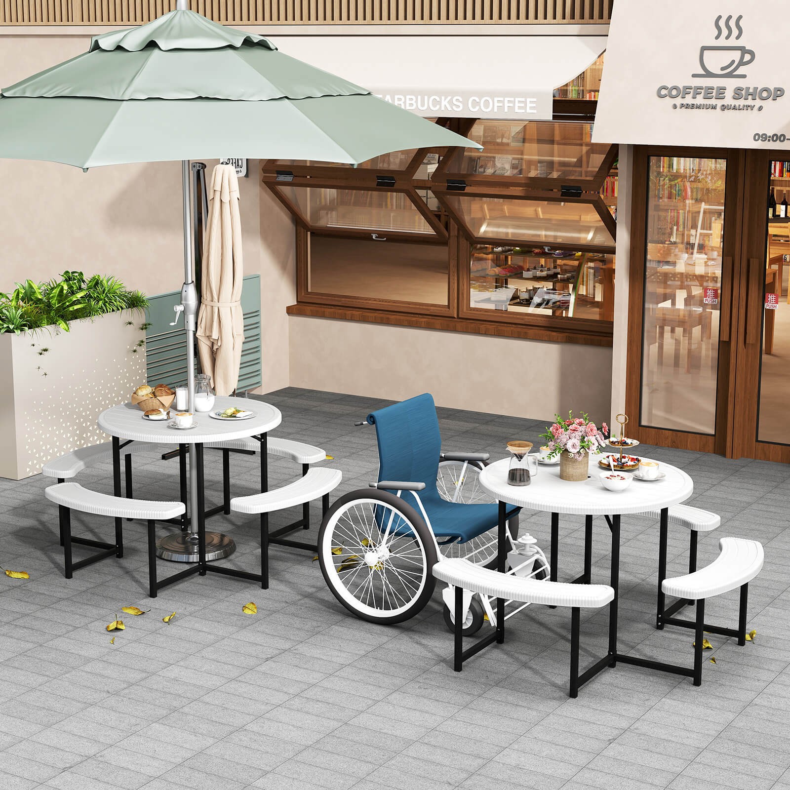 Round Picnic Table Bench Set with 4 Benches Umbrella Hole All Weather Tabletop