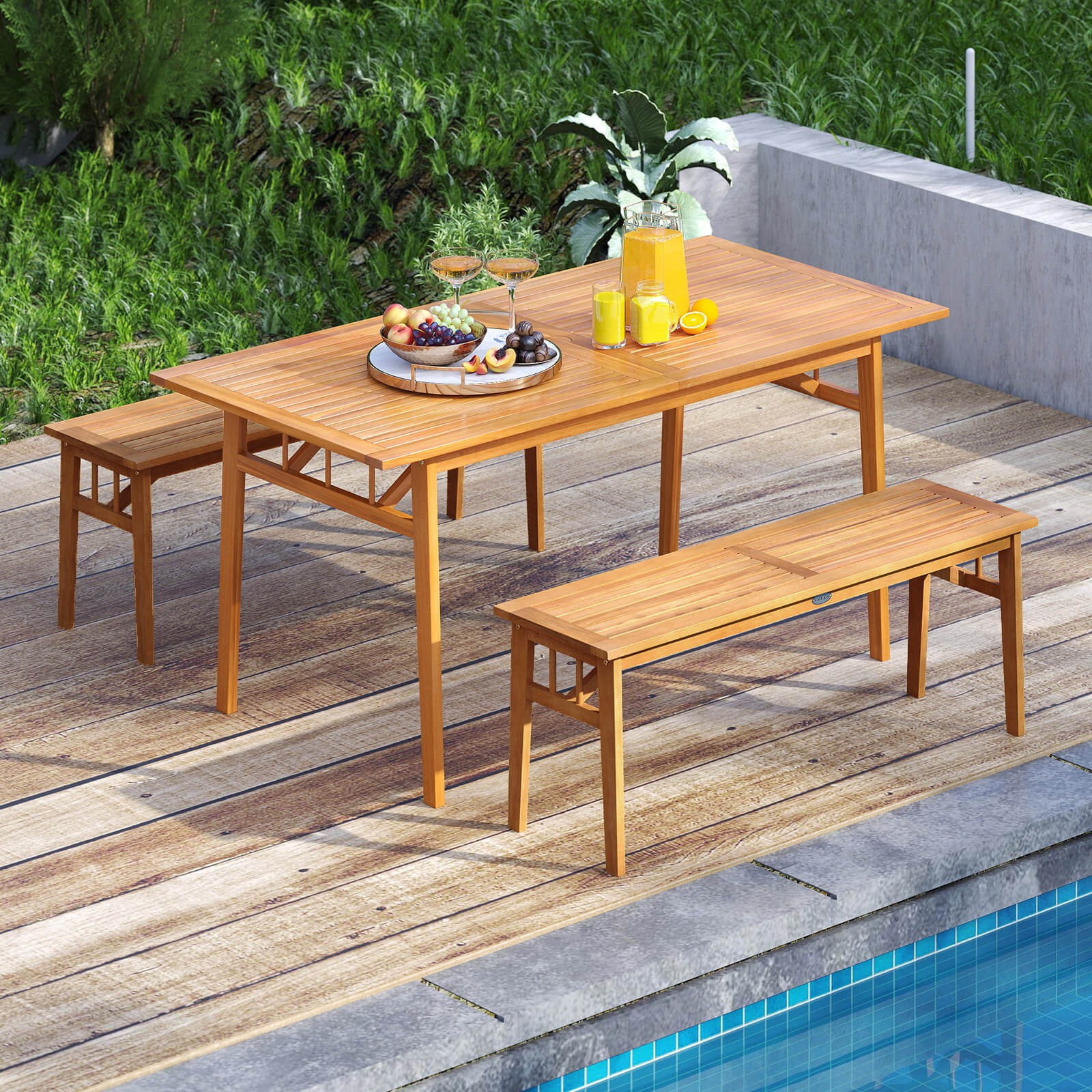 3PCS Patio Dining Set 2 Benches w/1.97” Umbrella Hole & Rectangular Picnic Table