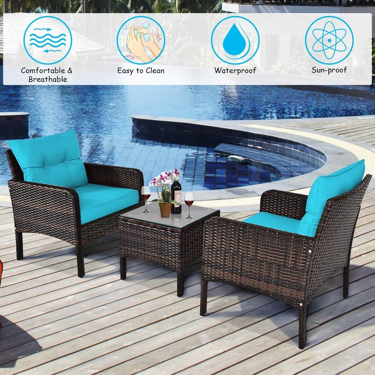 Modern 3 Piece Wicker Chairs Set, Turquoise