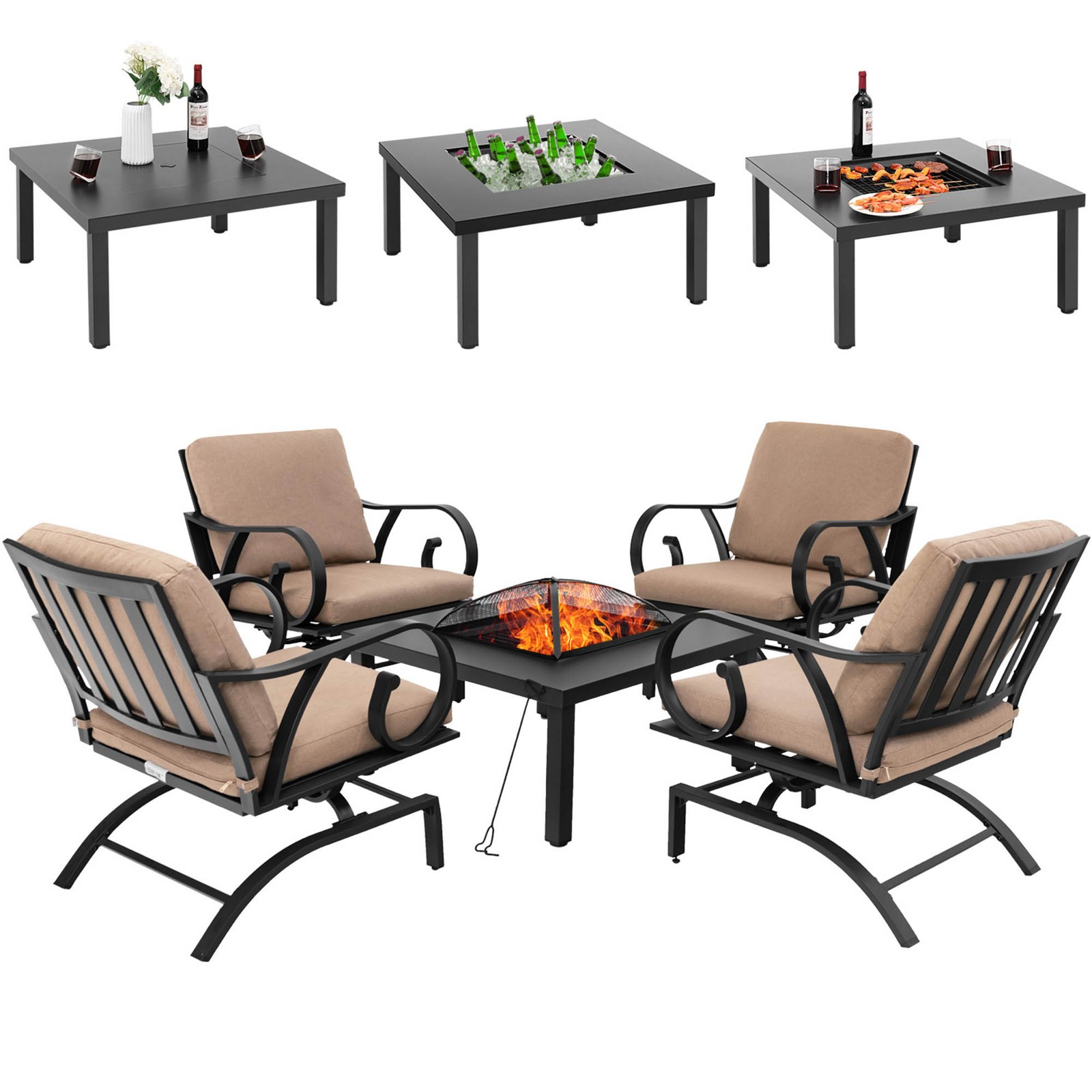 5PCS Cushioned Patio Dining Set Rocking Chairs w/4-in-1 Fire Pit Table