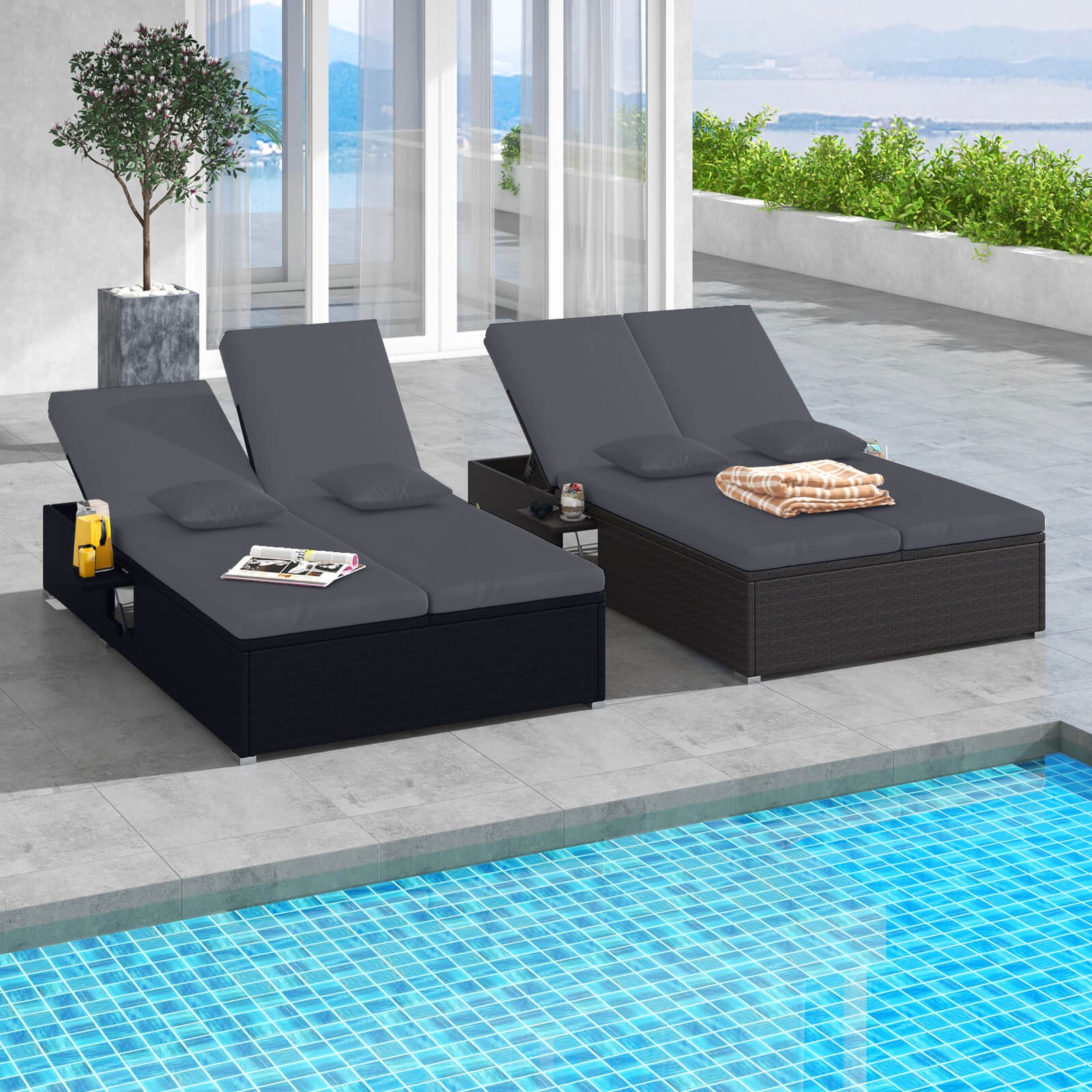 Outdoor Patio Daybed PE Wicker Double Chaise Lounge with Adjustable Backrests