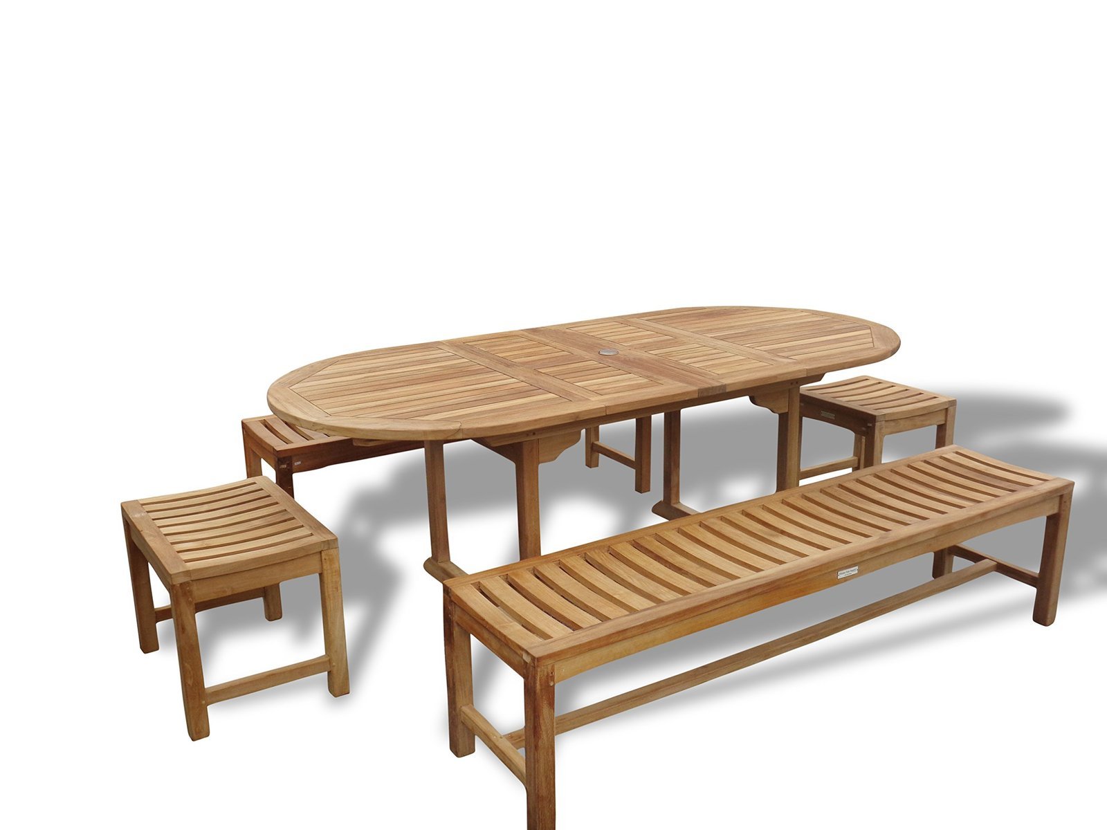 Windsor’s Genuine Grade A Teak 82″x 39″ Oval Double Extension Table w/4 Benches