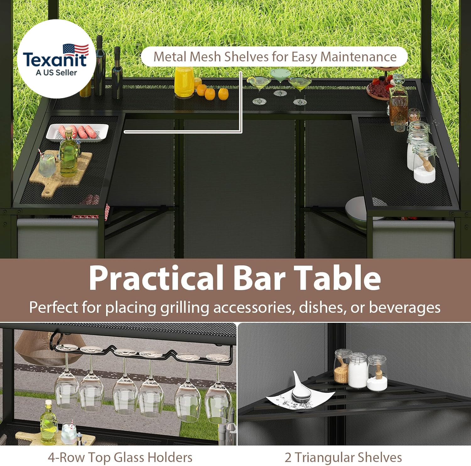 3 Piece Patio Bar Set, Grill Gazebo & 2 Foldable Bar Stools with Awning, Metal S