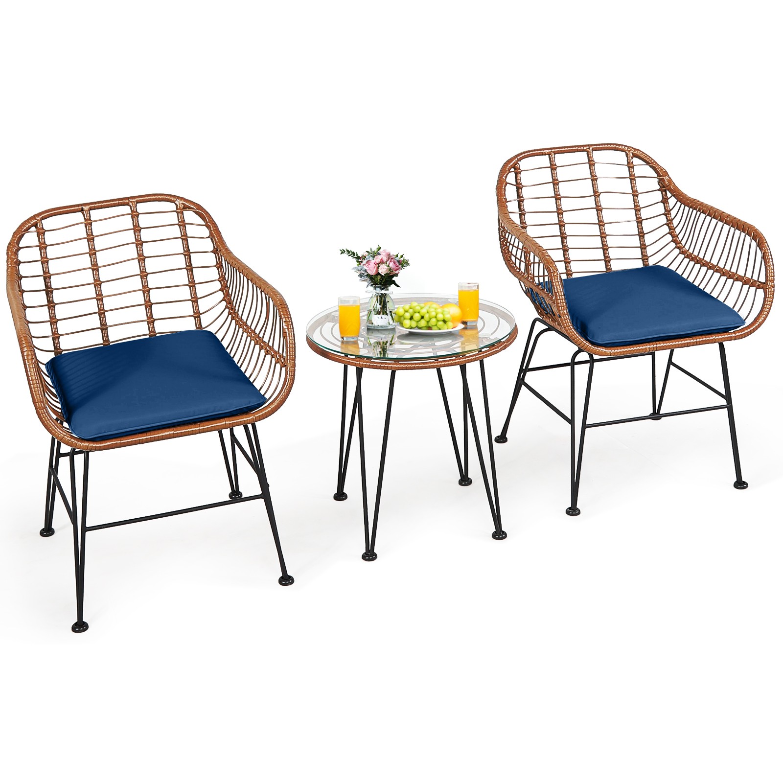 Patiojoy 3PCS Patio Rattan Bistro Set Coffee Table Armchair with Navy Cushion