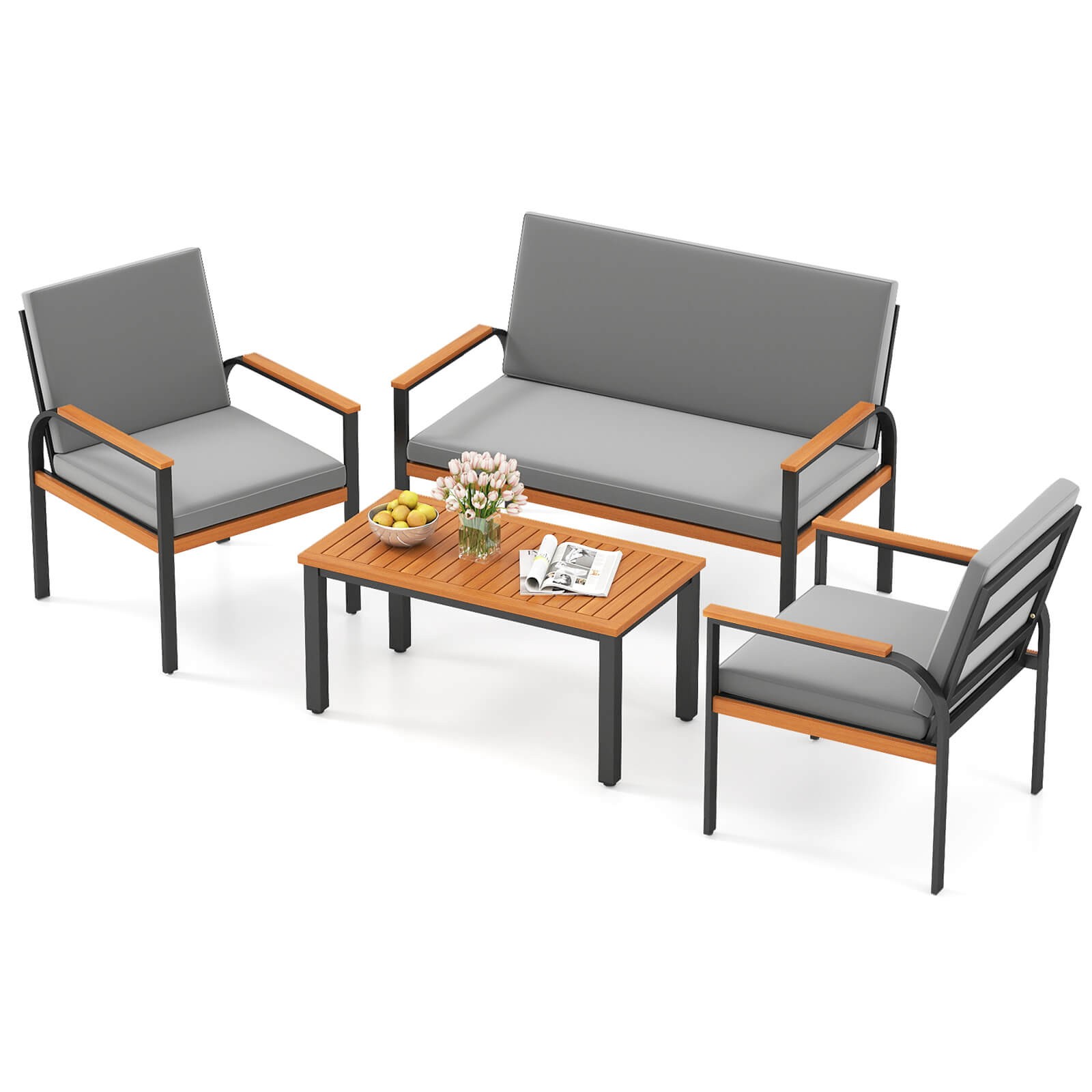 4 Piece Patio Furniture Set w/Coffee Table, Loveseat & 2 Single Chairs for Porch