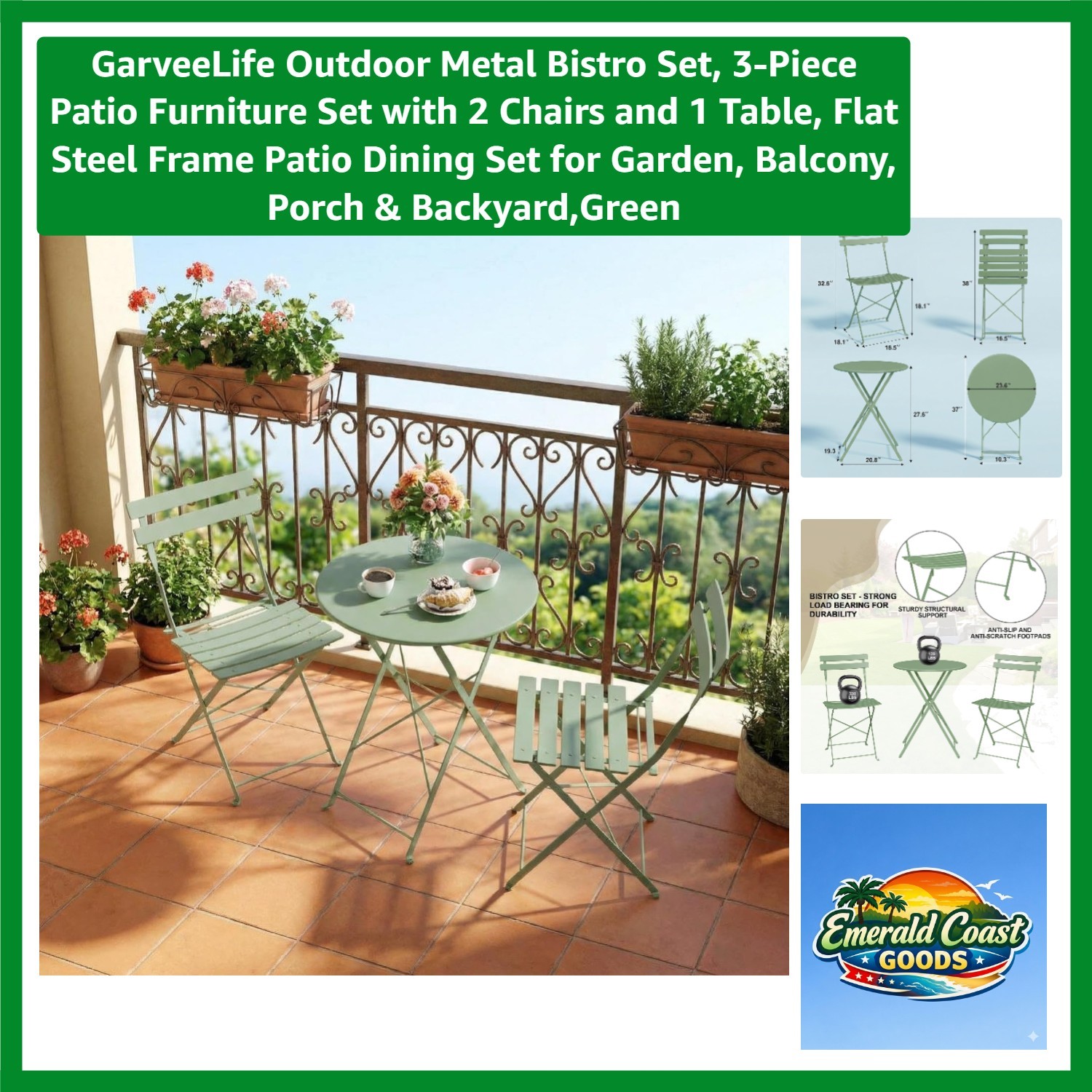 Comfortable and Stylish Green 3-Piece Metal Bistro Set for Patio & Balcony