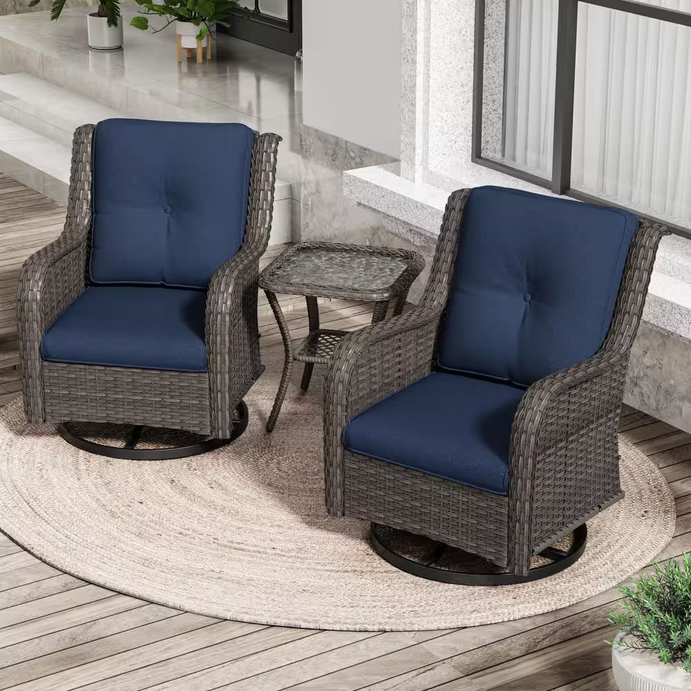 3-Piece Wicker Swivel Outdoor Rocking Chairs Patio Conversation Set with Blue Cu