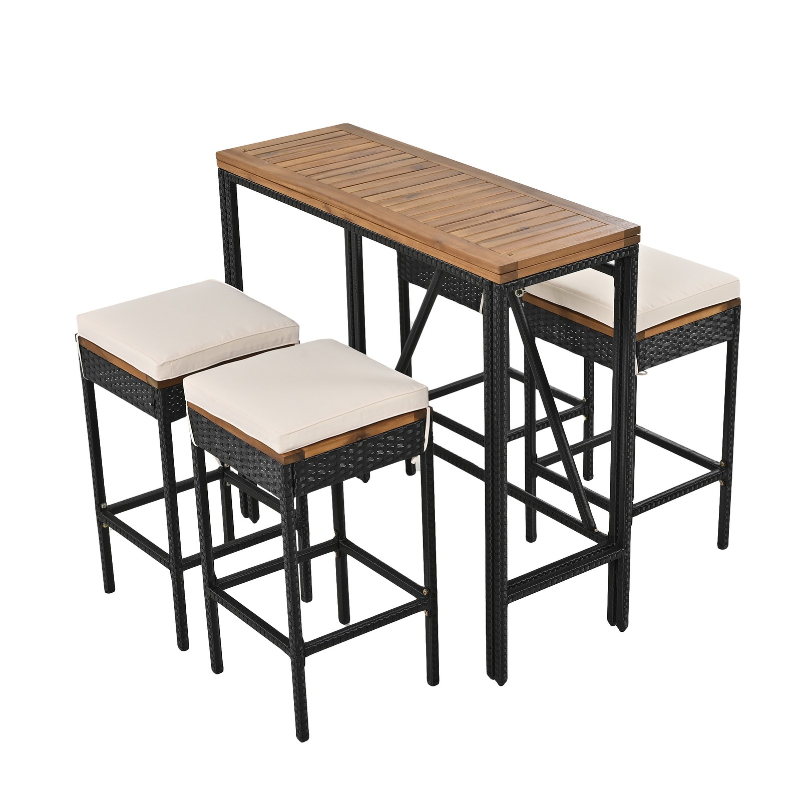 5-Piece Acacia Wood Bar Height Table & 4 Stools With Cushions, Patio Set
